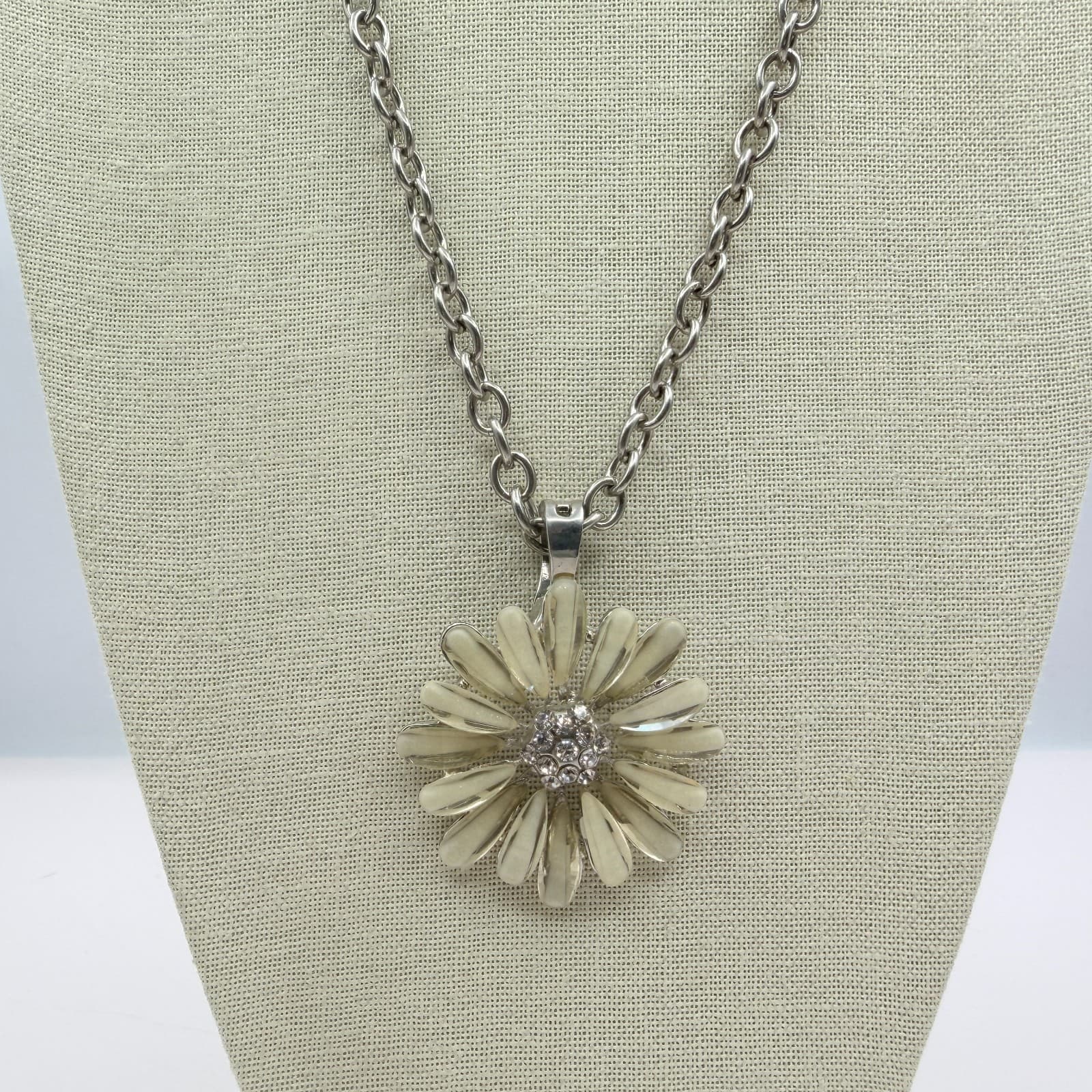Vintage Yellow Daisy Flower Statement Pendant Necklace Enamel Rhinestone Silver - Thumbnail 4