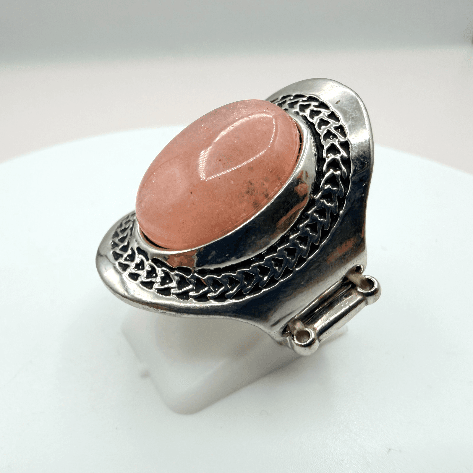 Vintage Silver Tone Pink Faux Stone Ring Statement Oval Cabochon Stretch Band