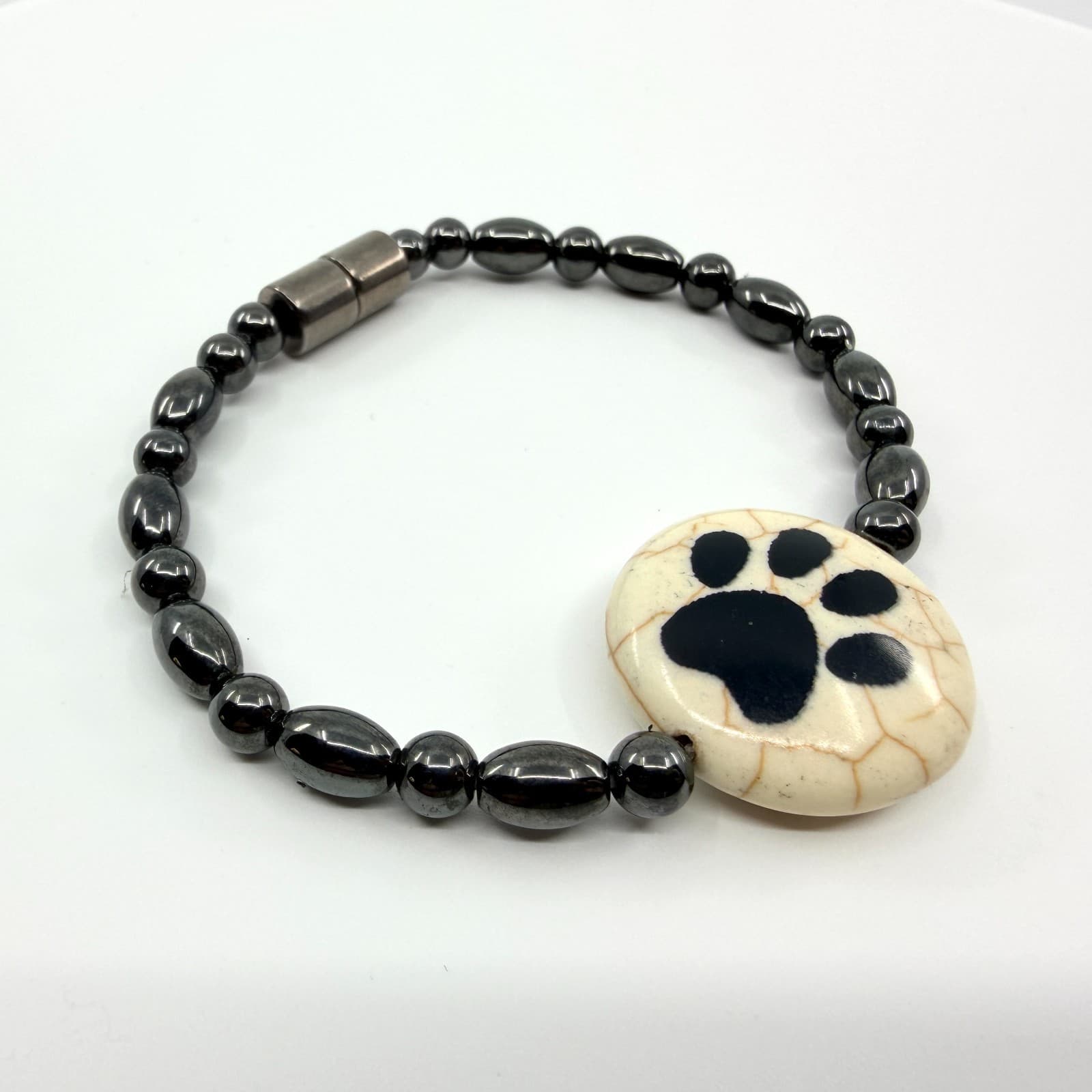 Vintage Gunmetal Tone Hematite Color Beaded Bracelet Paw Print Chunky Statement