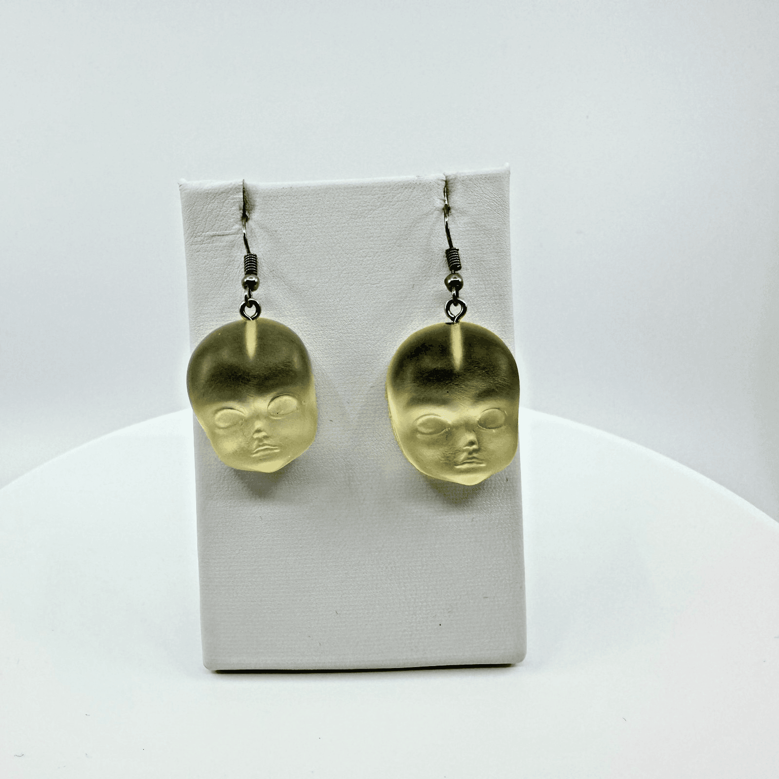 Vintage Doll Head Drop Earrings Yellow Frosted Matte Resin Quirky Weird Goth 90s
