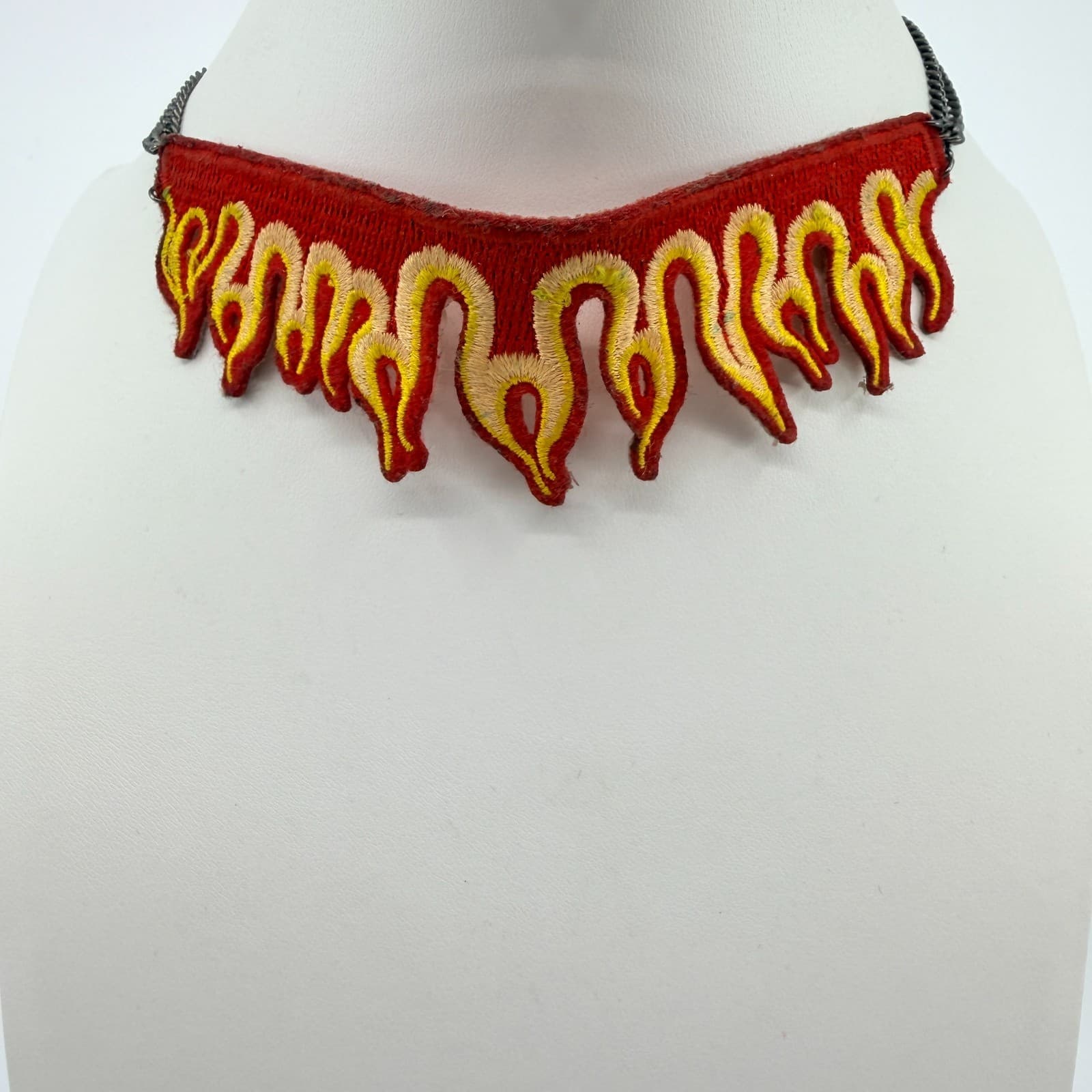Vintage Flame Choker Necklace Embroidered Fabric Patch Fire Red Gunmetal Y2K 90s - Thumbnail 2