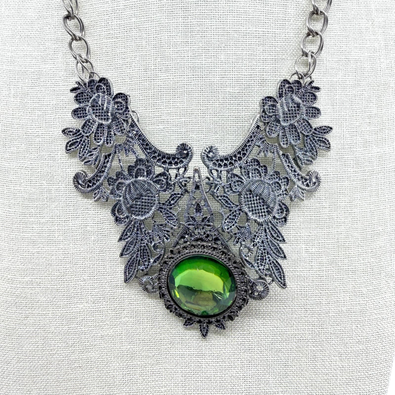 Vtg Silver Tone Black Lace Bib Necklace Green Crystal Style Cabochon Statement