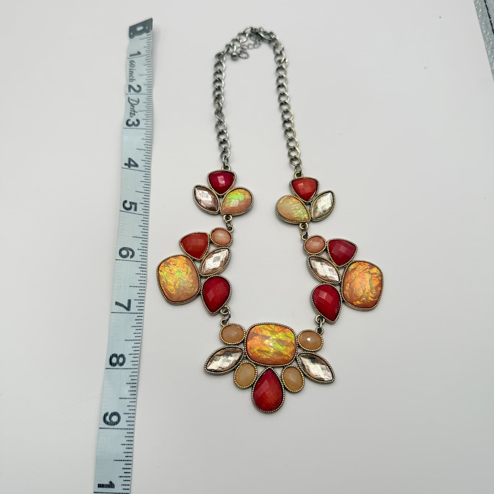 Vintage Peach Faux Opal Statement Necklace Red Stone Cluster Bib Silver Tone Y2K - Thumbnail 8