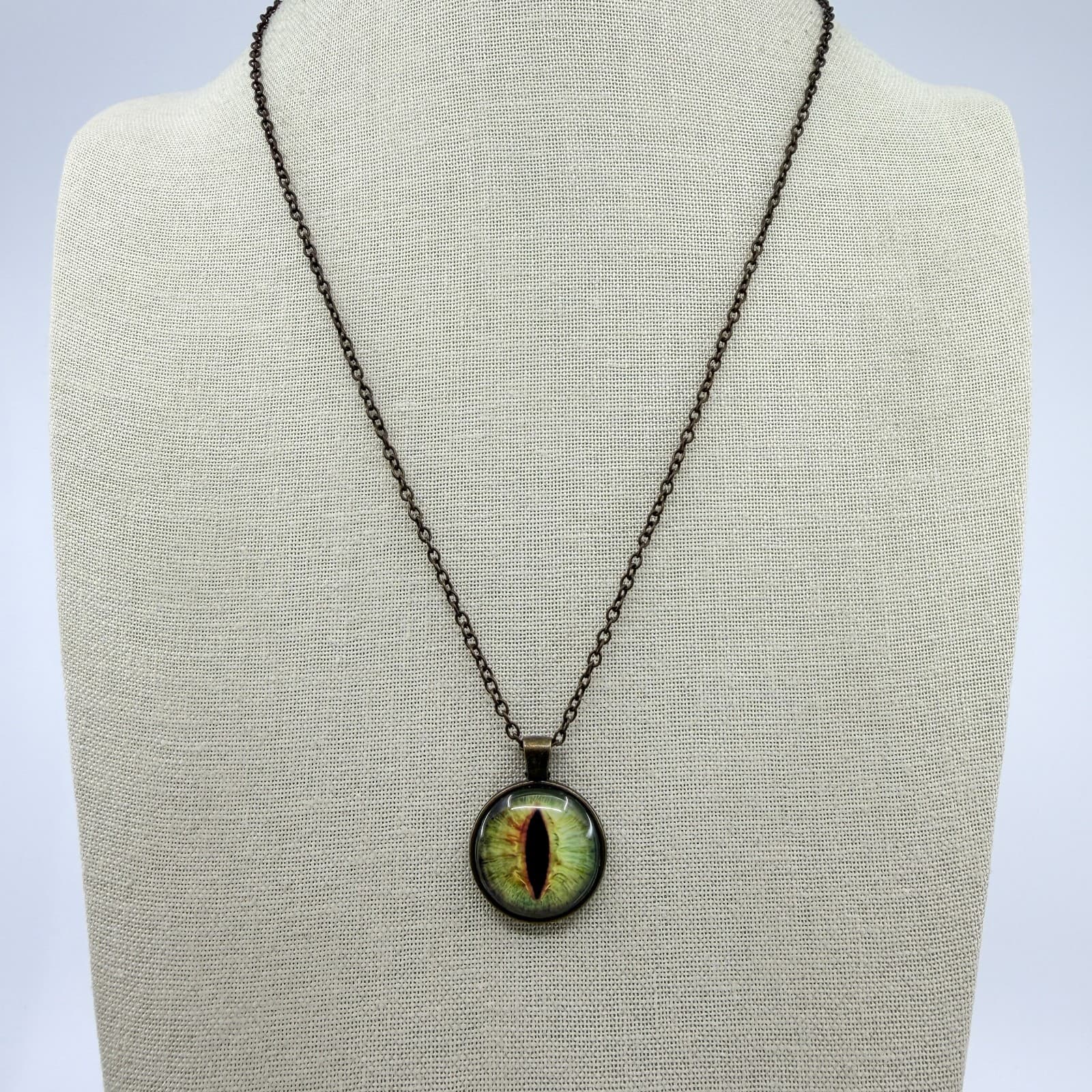 Vintage Dragon Eye Pendant Necklace Green Yellow Cat Glass Cabochon Bronze Tone - Thumbnail 5