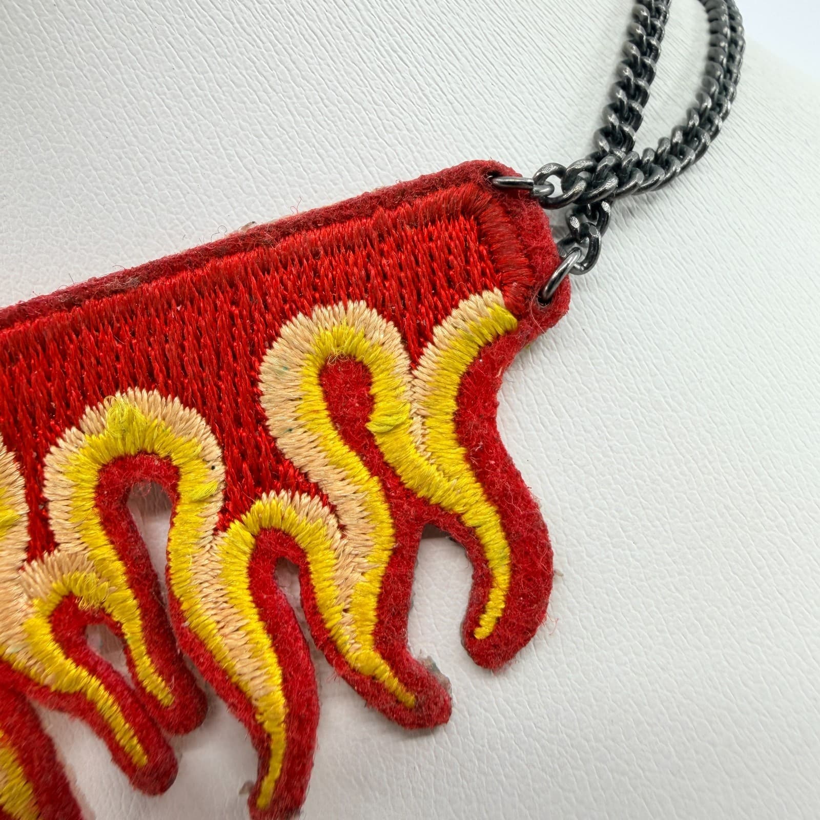 Vintage Flame Choker Necklace Embroidered Fabric Patch Fire Red Gunmetal Y2K 90s - Thumbnail 4
