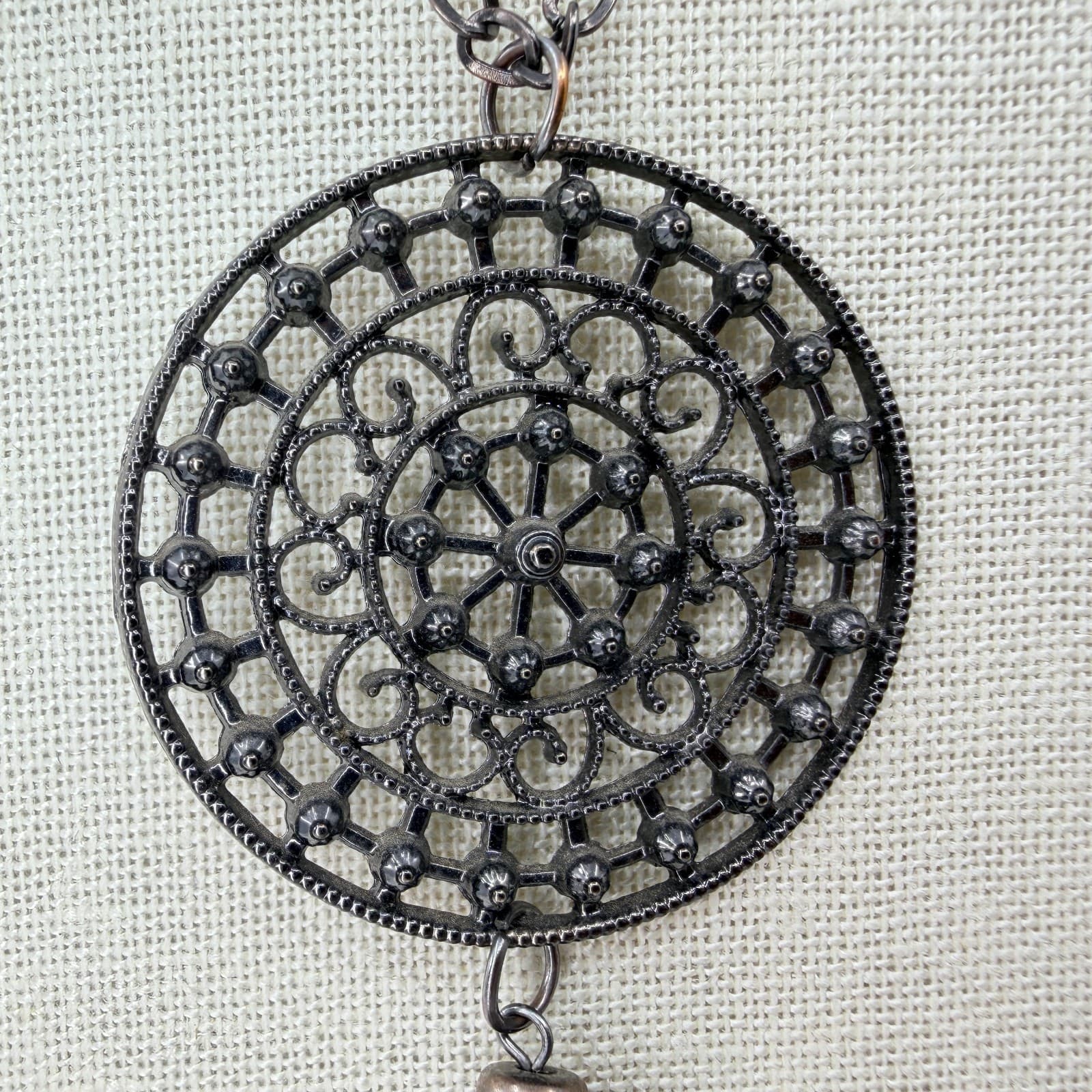 Vintage Gunmetal Gray Openwork Filigree Medallion Tassel Pendant Necklace Long - Thumbnail 3