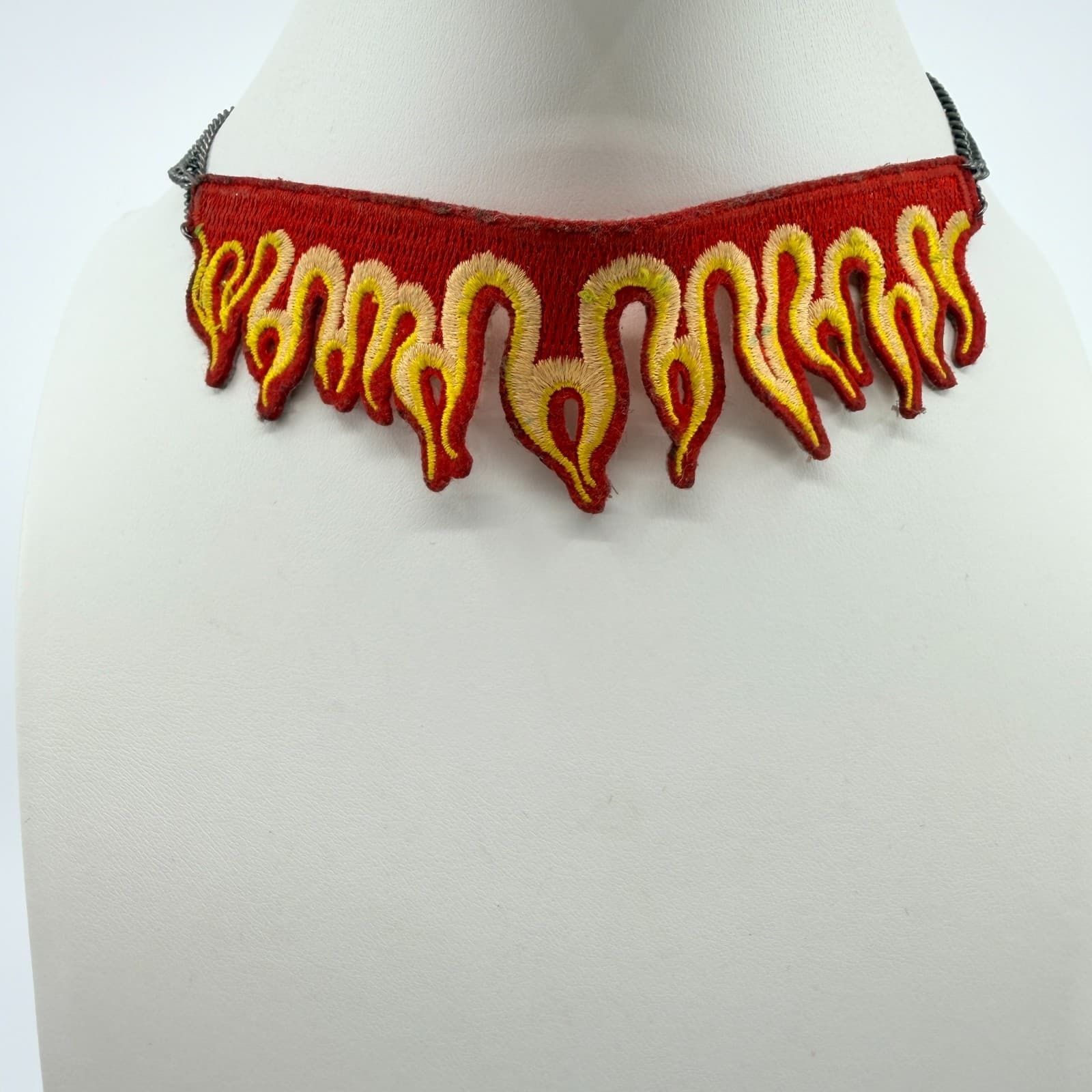 Vintage Flame Choker Necklace Embroidered Fabric Patch Fire Red Gunmetal Y2K 90s - Thumbnail 6
