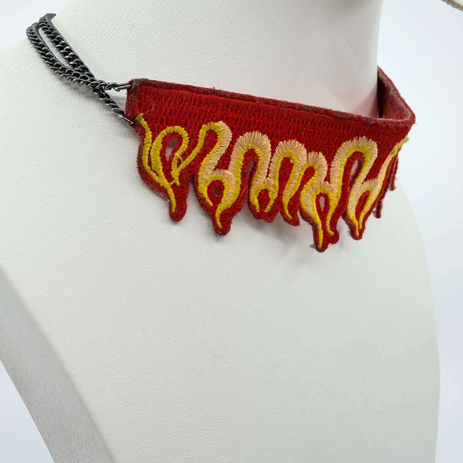 Vintage Flame Choker Necklace Embroidered Fabric Patch Fire Red Gunmetal Y2K 90s - Thumbnail 3