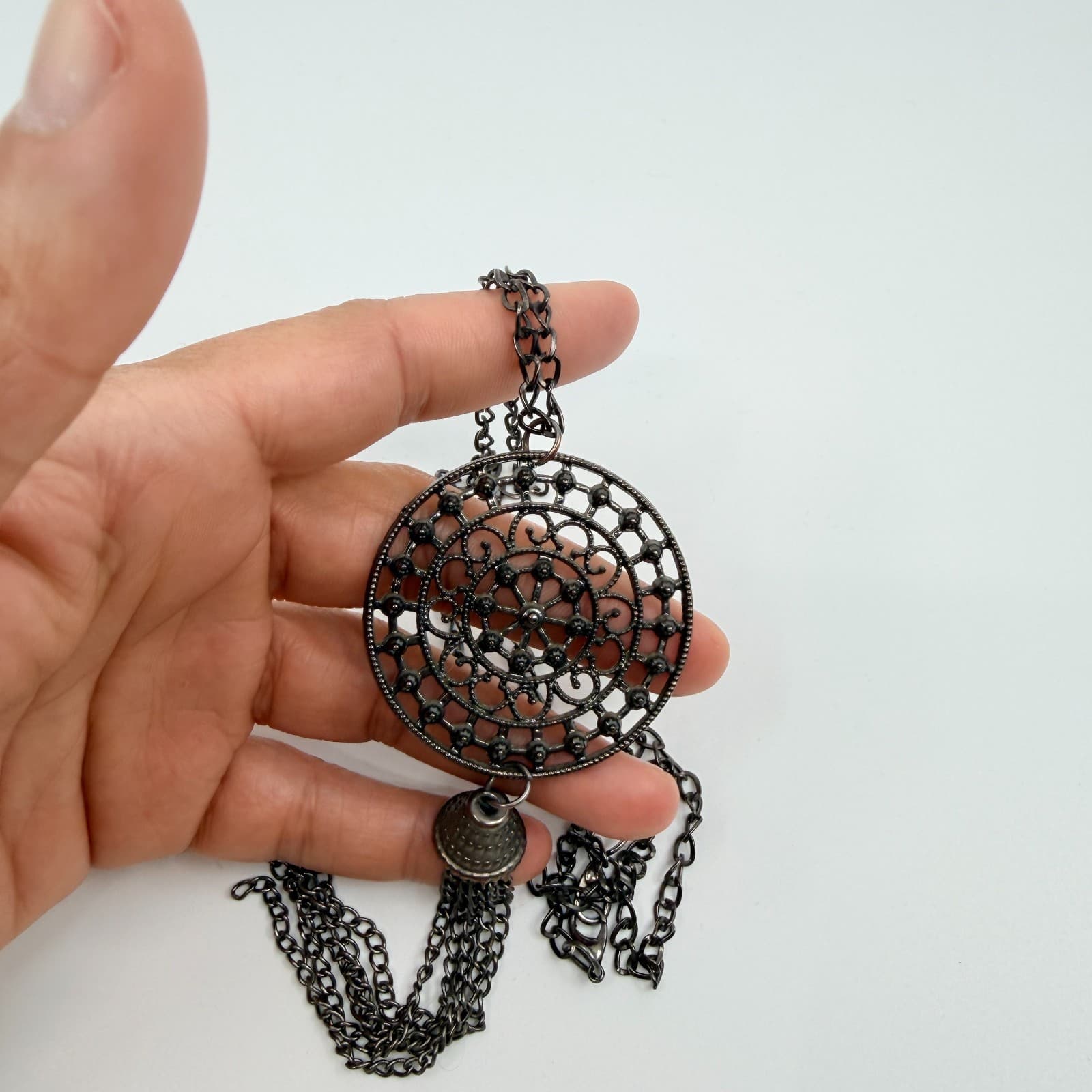 Vintage Gunmetal Gray Openwork Filigree Medallion Tassel Pendant Necklace Long - Thumbnail 7