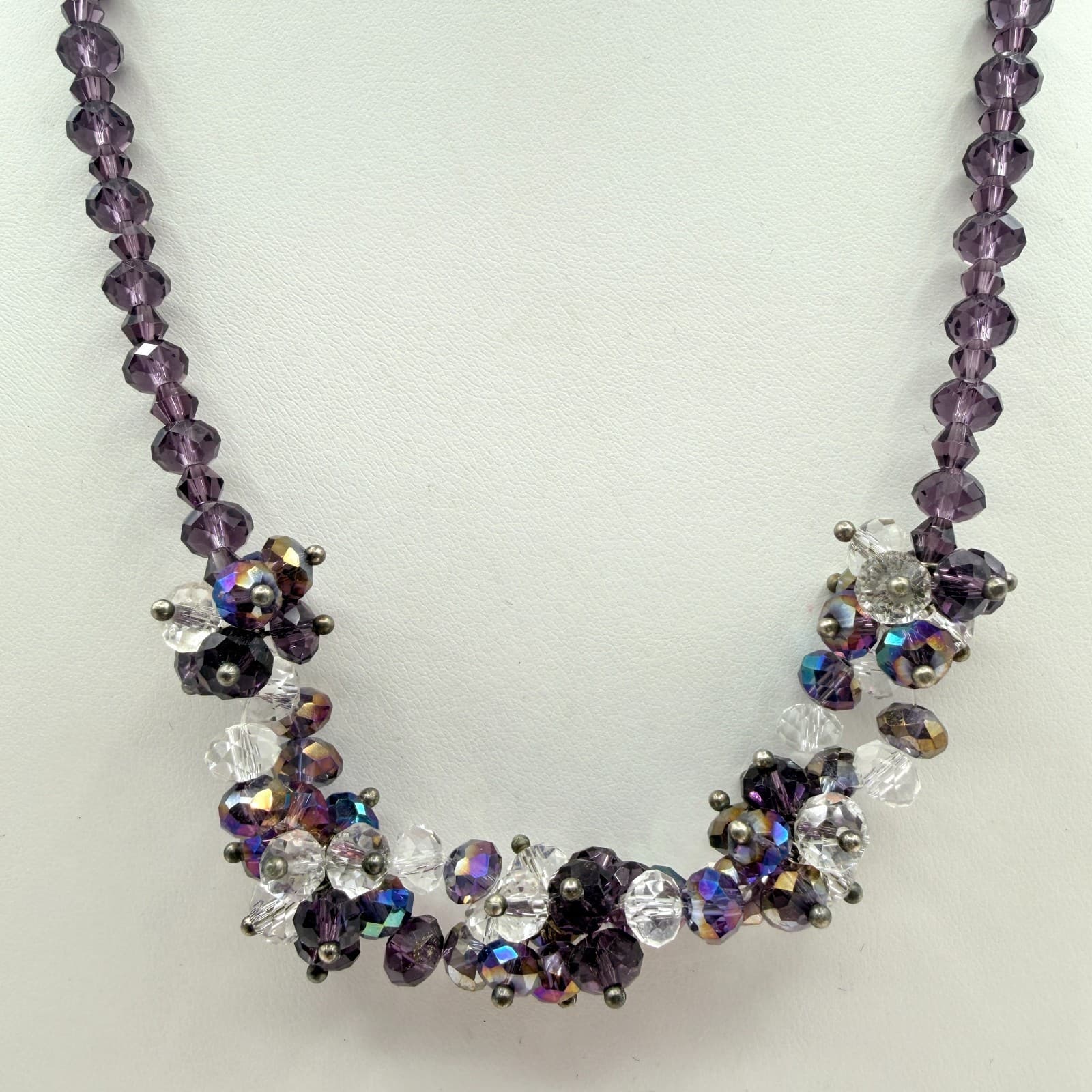 Vintage Purple Crystal Statement Necklace Faceted Cluster Bead Bib Silver Tone