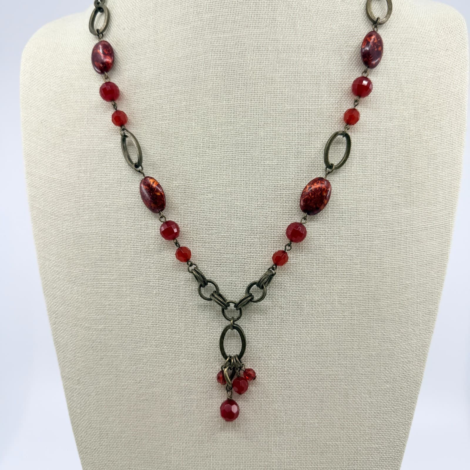 Vintage Antique Brass Tone Red Necklace Faceted Crystal Glass Bead Drop Y-Neck - Thumbnail 2