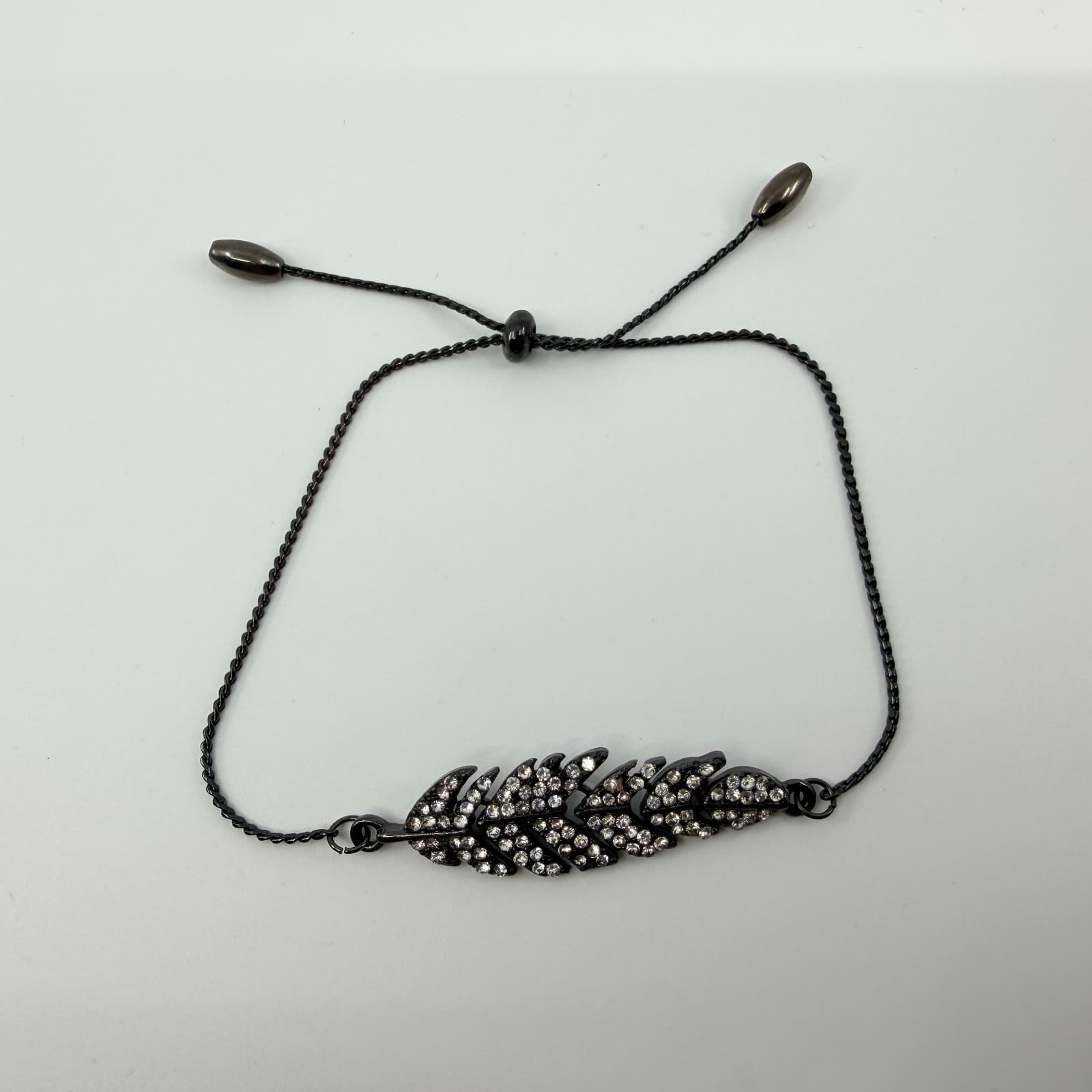 Vintage Gunmetal Tone Feather Bracelet Rhinestone Accent Adjustable Slider Bolo - Thumbnail 5
