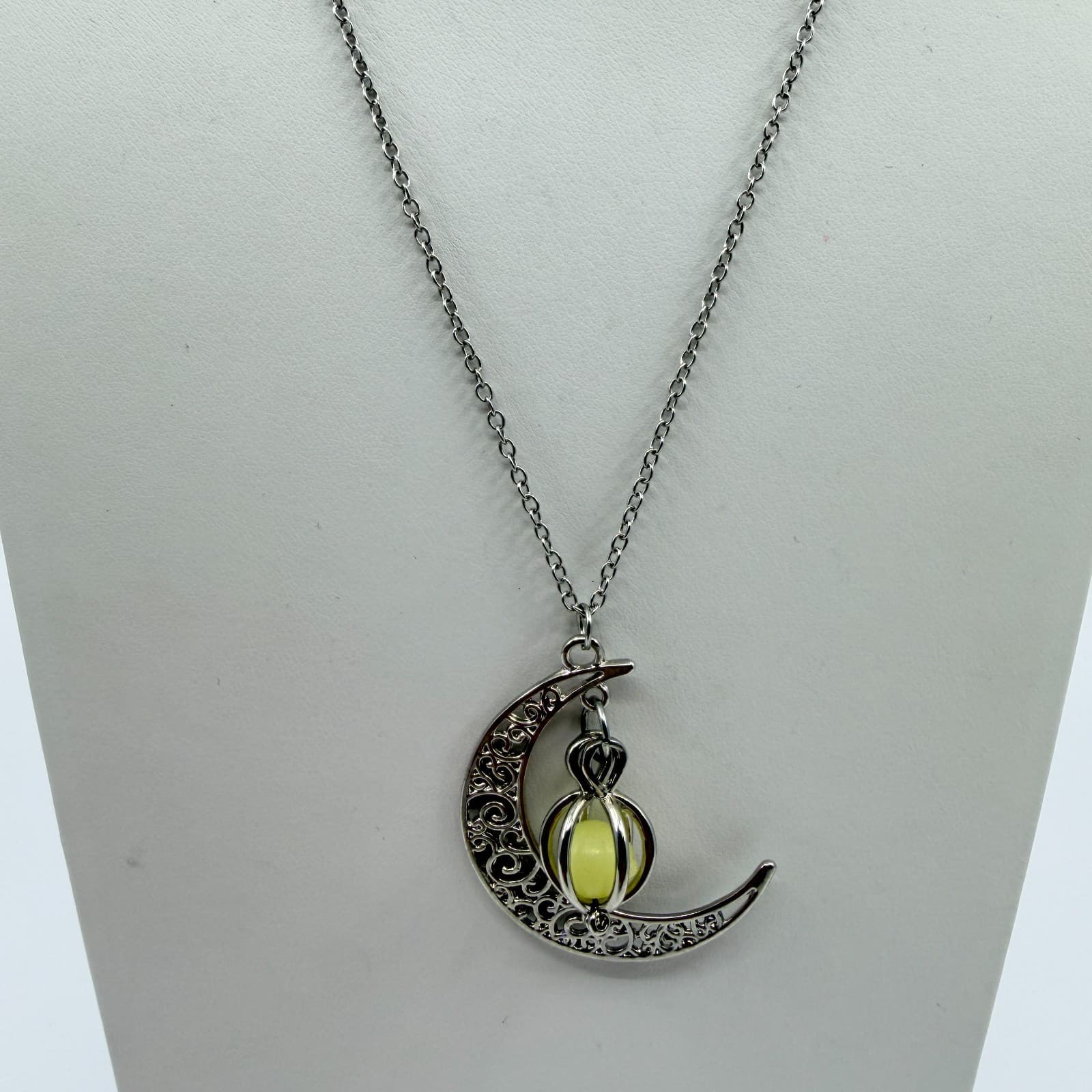 VTG Silver Tone Crescent Moon Pendant Necklace Glow Dark Luminous Orb Magic Boho - Thumbnail 2