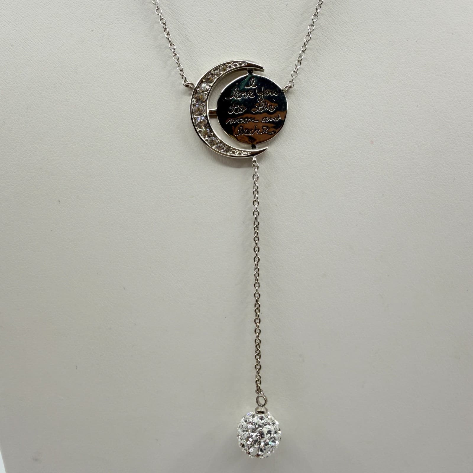 VTG Silver Tone Love You to the Moon Back Lariat Necklace Crystal Pendant Dainty - Thumbnail 3