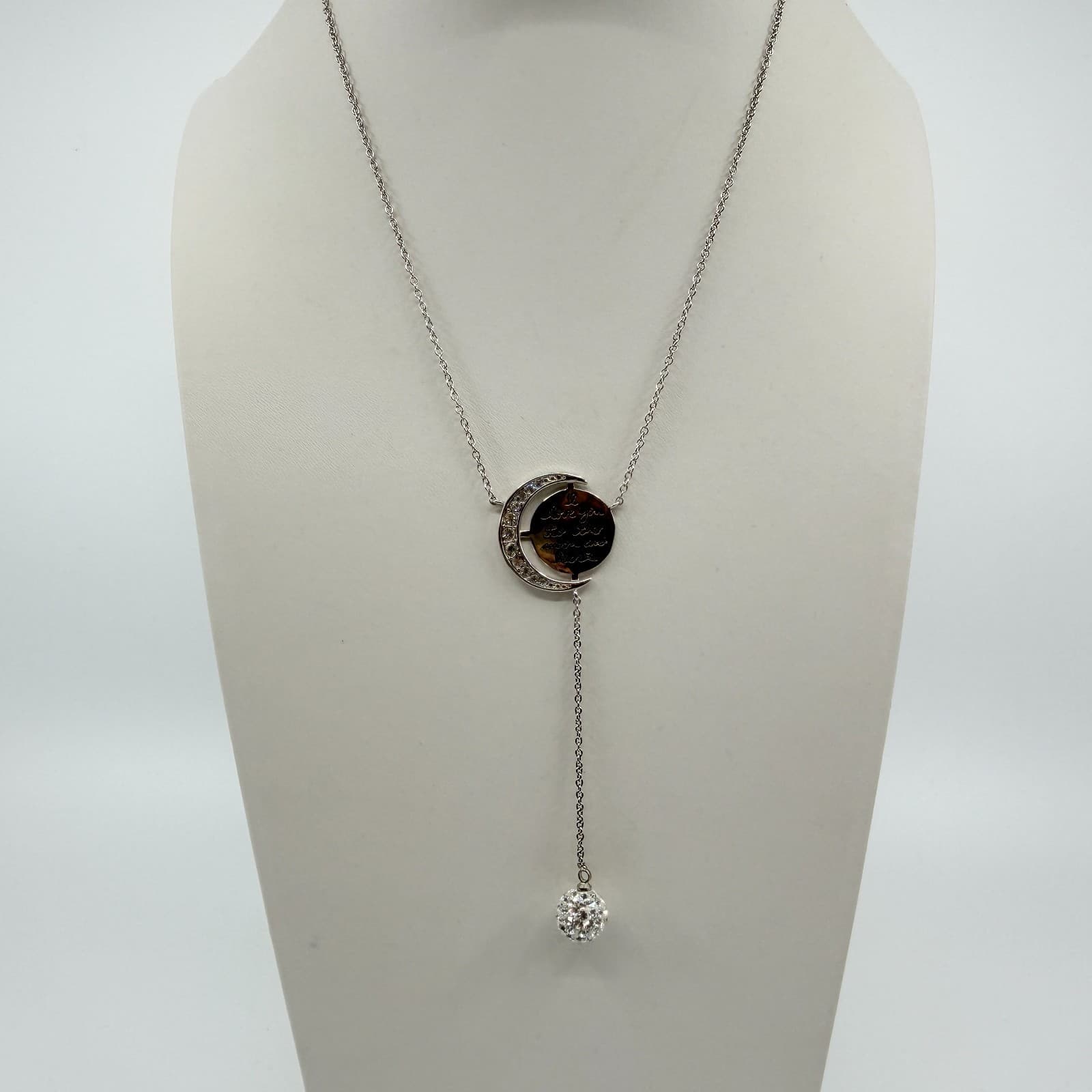 VTG Silver Tone Love You to the Moon Back Lariat Necklace Crystal Pendant Dainty - Thumbnail 4