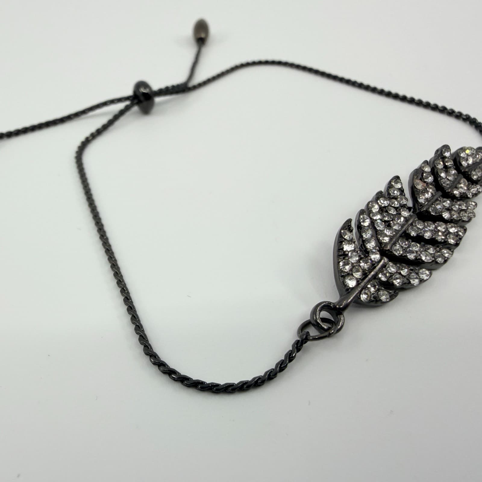 Vintage Gunmetal Tone Feather Bracelet Rhinestone Accent Adjustable Slider Bolo - Thumbnail 8