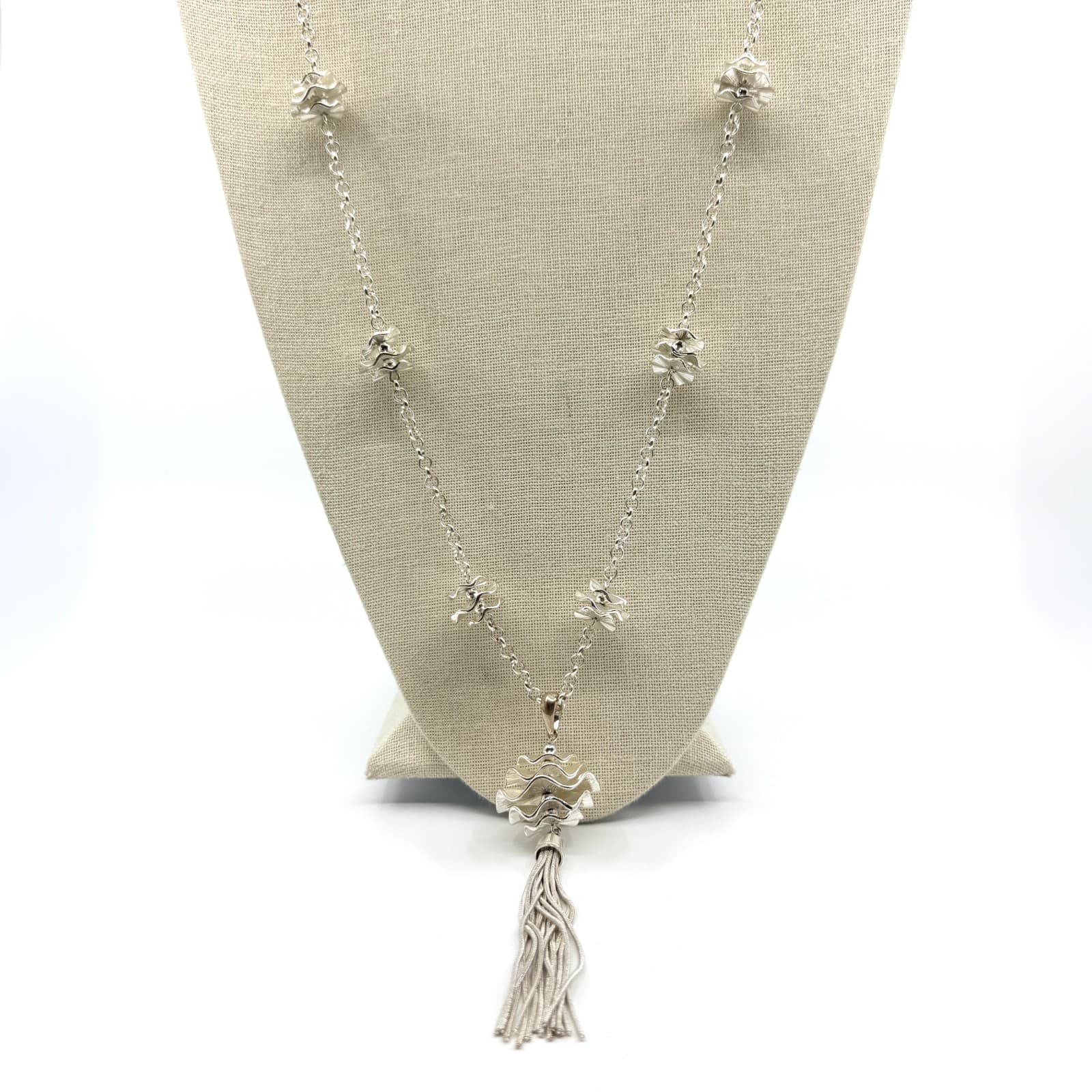 Vintage Silver Tone Long Station Tassel Necklace Ruffled Metal Orb Statement 90s