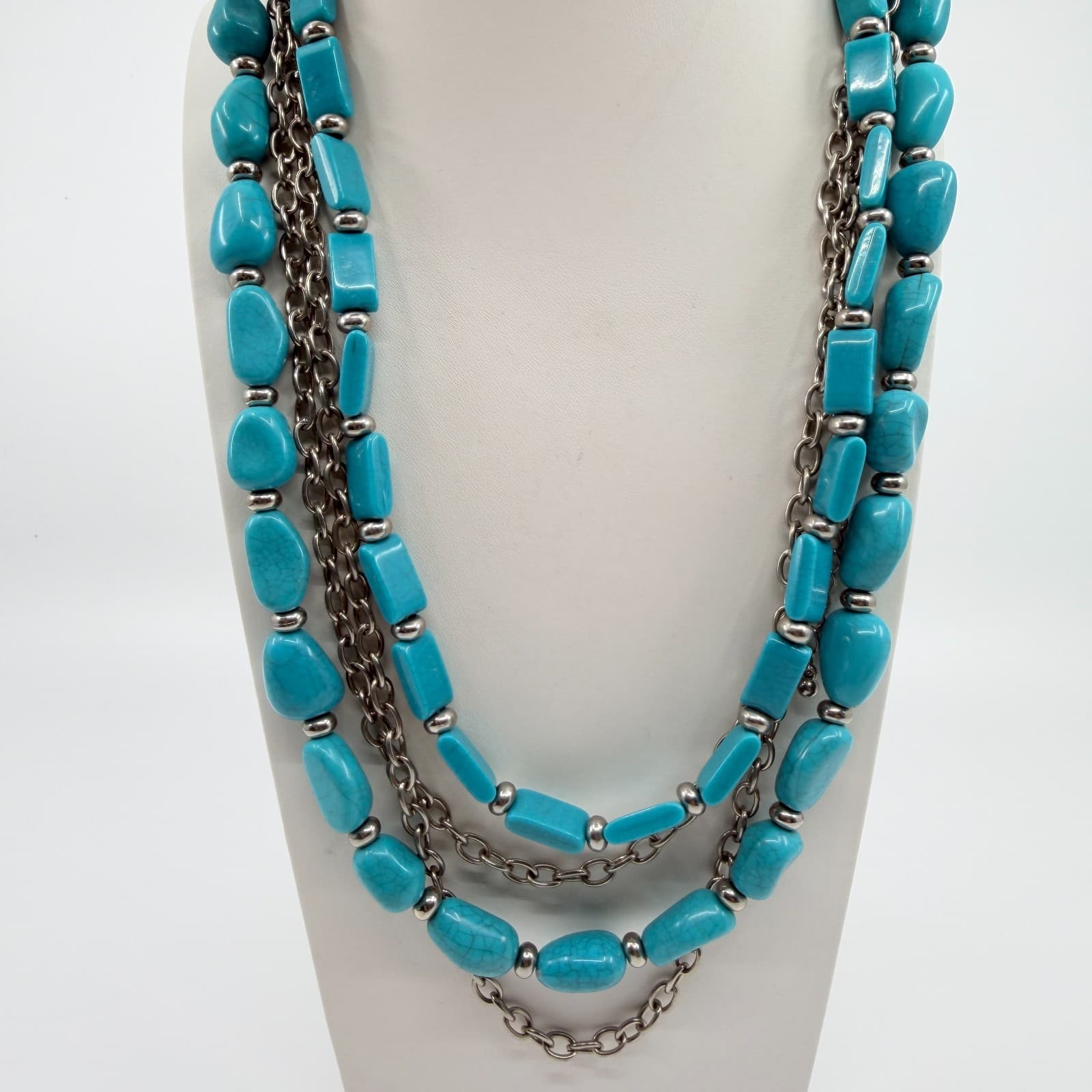 Vintage Silver Tone Turquoise Color Necklace Multi Strand Chunky Layered Chain - Thumbnail 6
