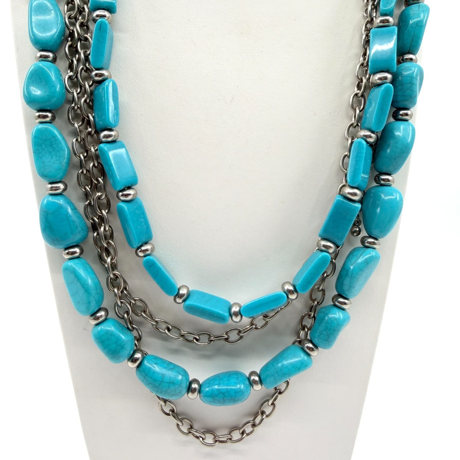 Vintage Silver Tone Turquoise Color Necklace Multi Strand Chunky Layered Chain