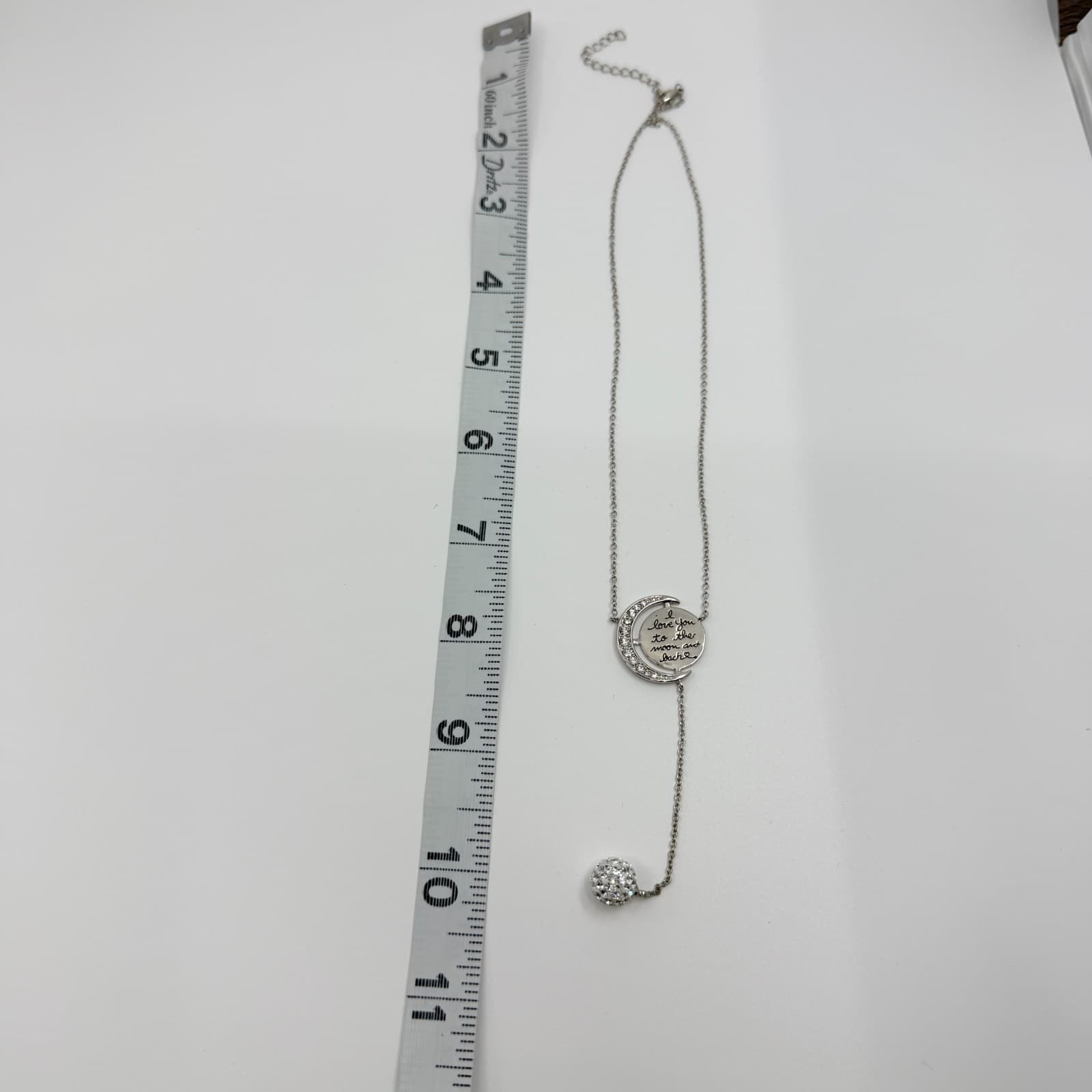 VTG Silver Tone Love You to the Moon Back Lariat Necklace Crystal Pendant Dainty - Thumbnail 8