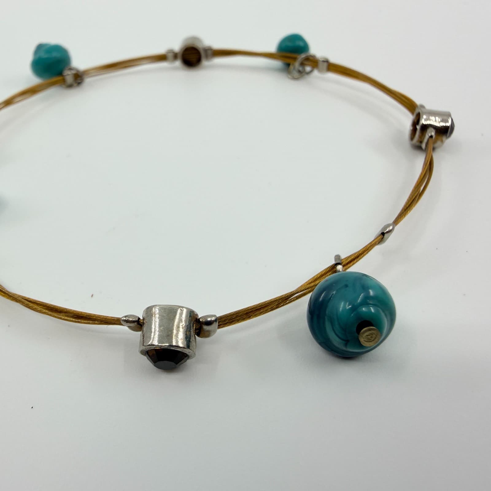 Vintage Silver Tone Turquoise Color Bracelet Beaded Dainty Wire Cord Minimalist - Thumbnail 4