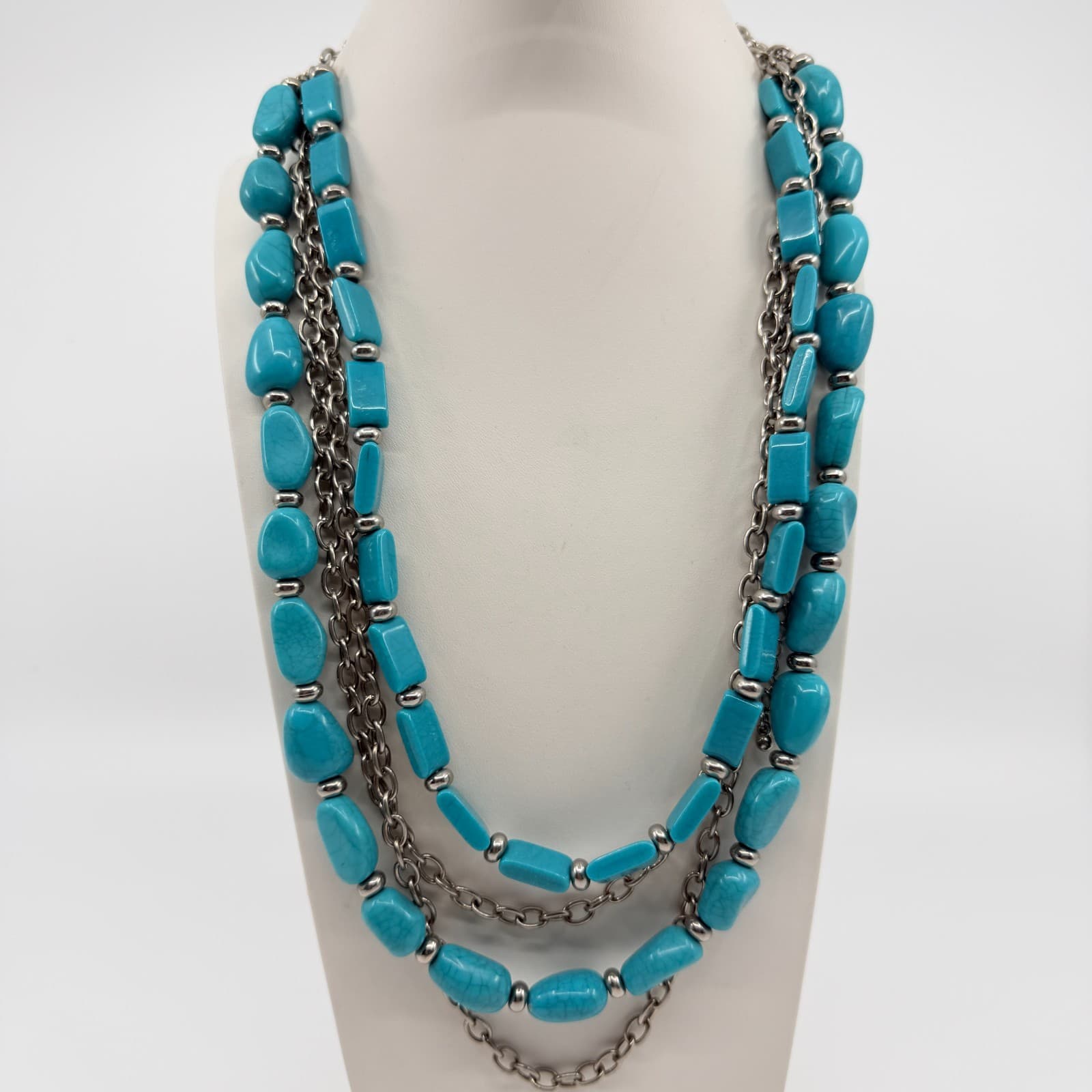 Vintage Silver Tone Turquoise Color Necklace Multi Strand Chunky Layered Chain - Thumbnail 2
