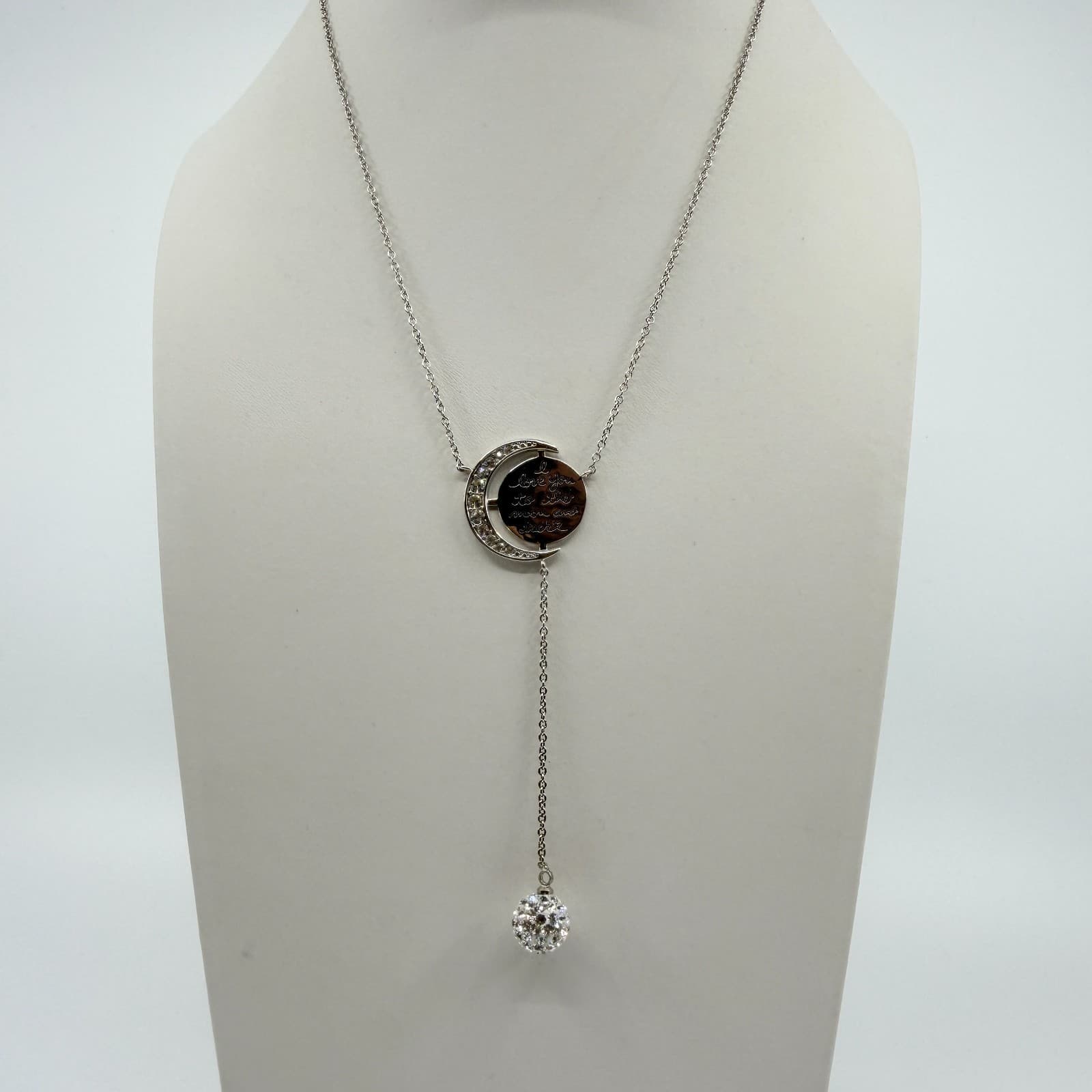 VTG Silver Tone Love You to the Moon Back Lariat Necklace Crystal Pendant Dainty - Thumbnail 5