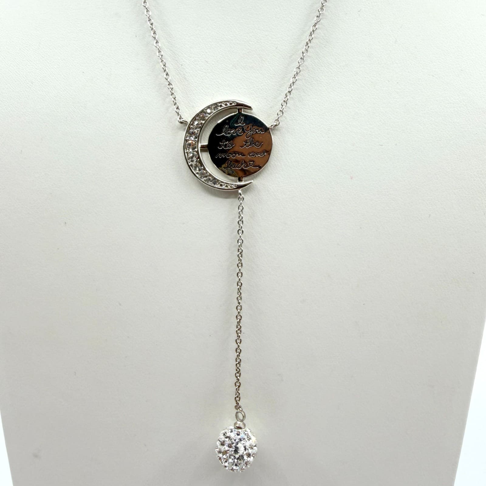VTG Silver Tone Love You to the Moon Back Lariat Necklace Crystal Pendant Dainty