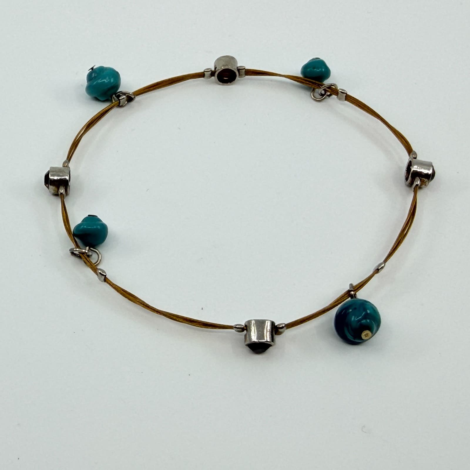 Vintage Silver Tone Turquoise Color Bracelet Beaded Dainty Wire Cord Minimalist - Thumbnail 3