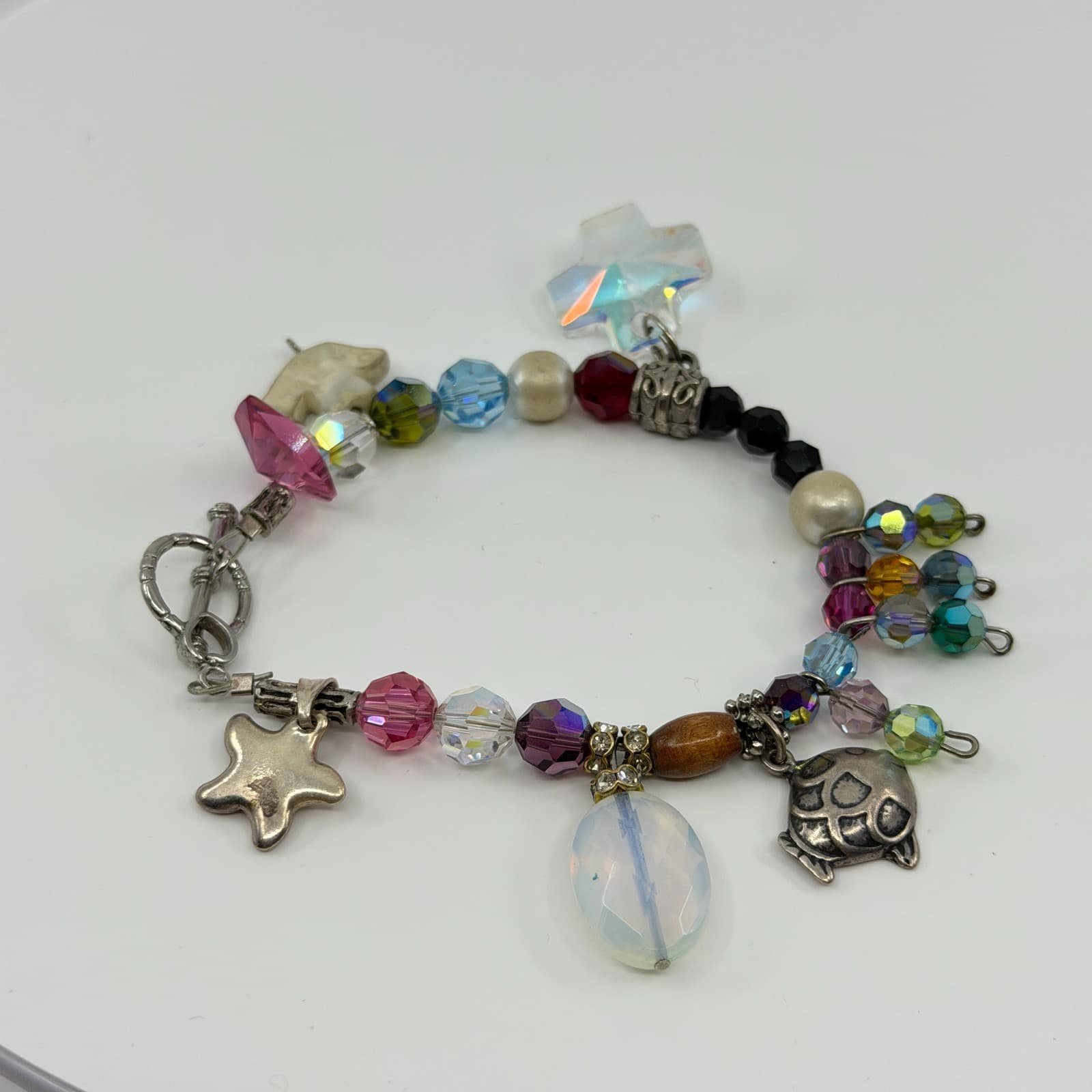 Vintage Silver Tone Chunky Charm Bracelet Beaded Statement Y2K Boho Multi Color - Thumbnail 3