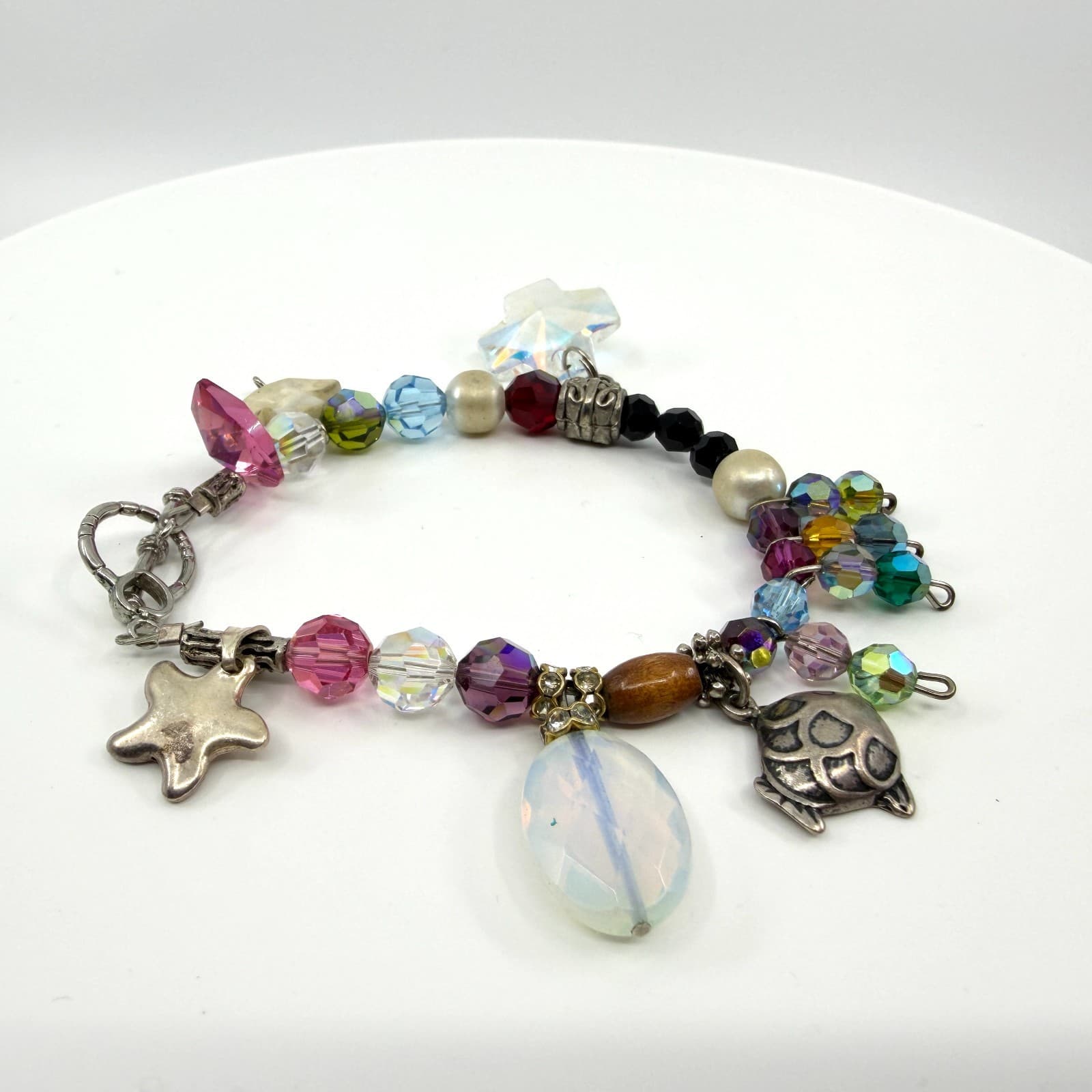 Vintage Silver Tone Chunky Charm Bracelet Beaded Statement Y2K Boho Multi Color