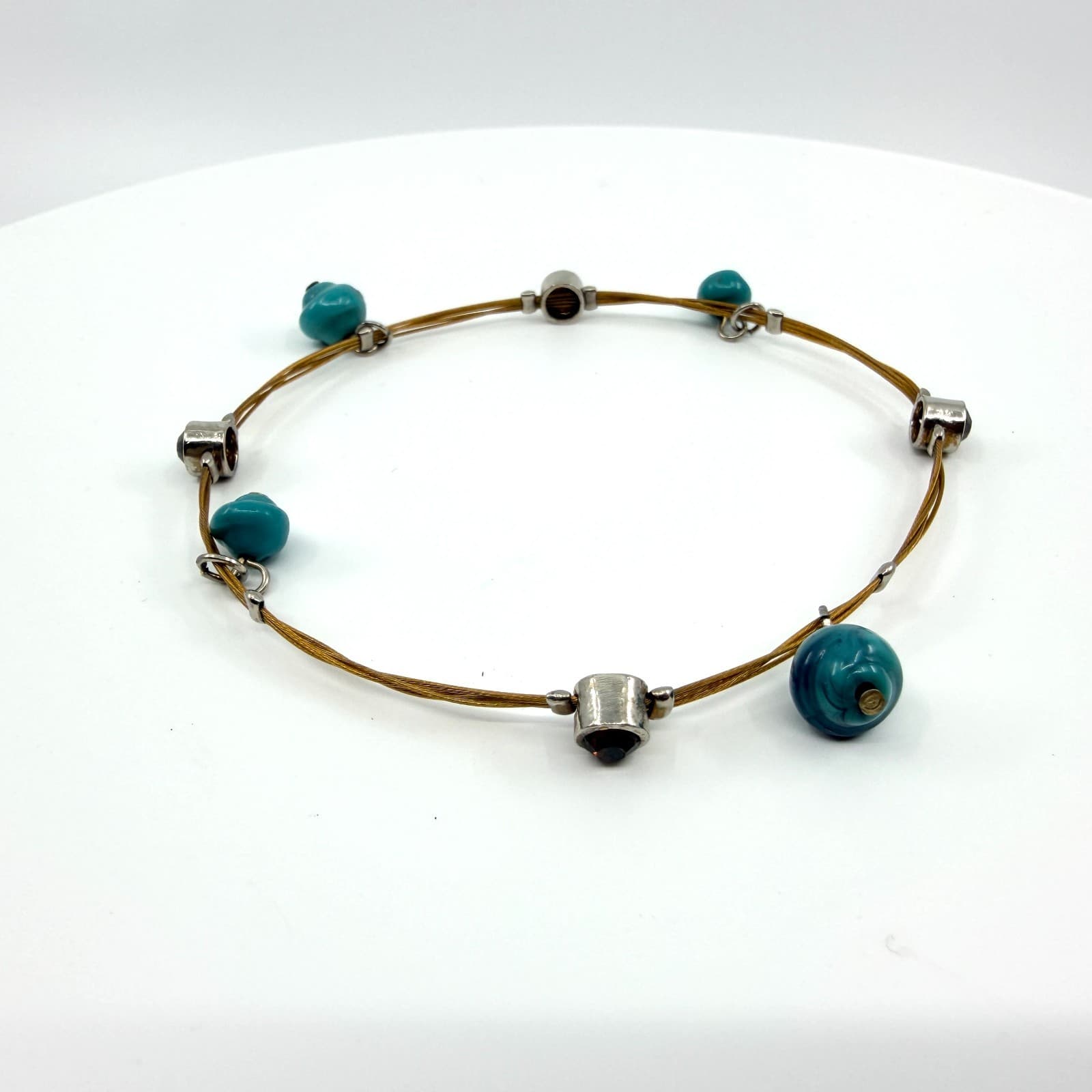 Vintage Silver Tone Turquoise Color Bracelet Beaded Dainty Wire Cord Minimalist
