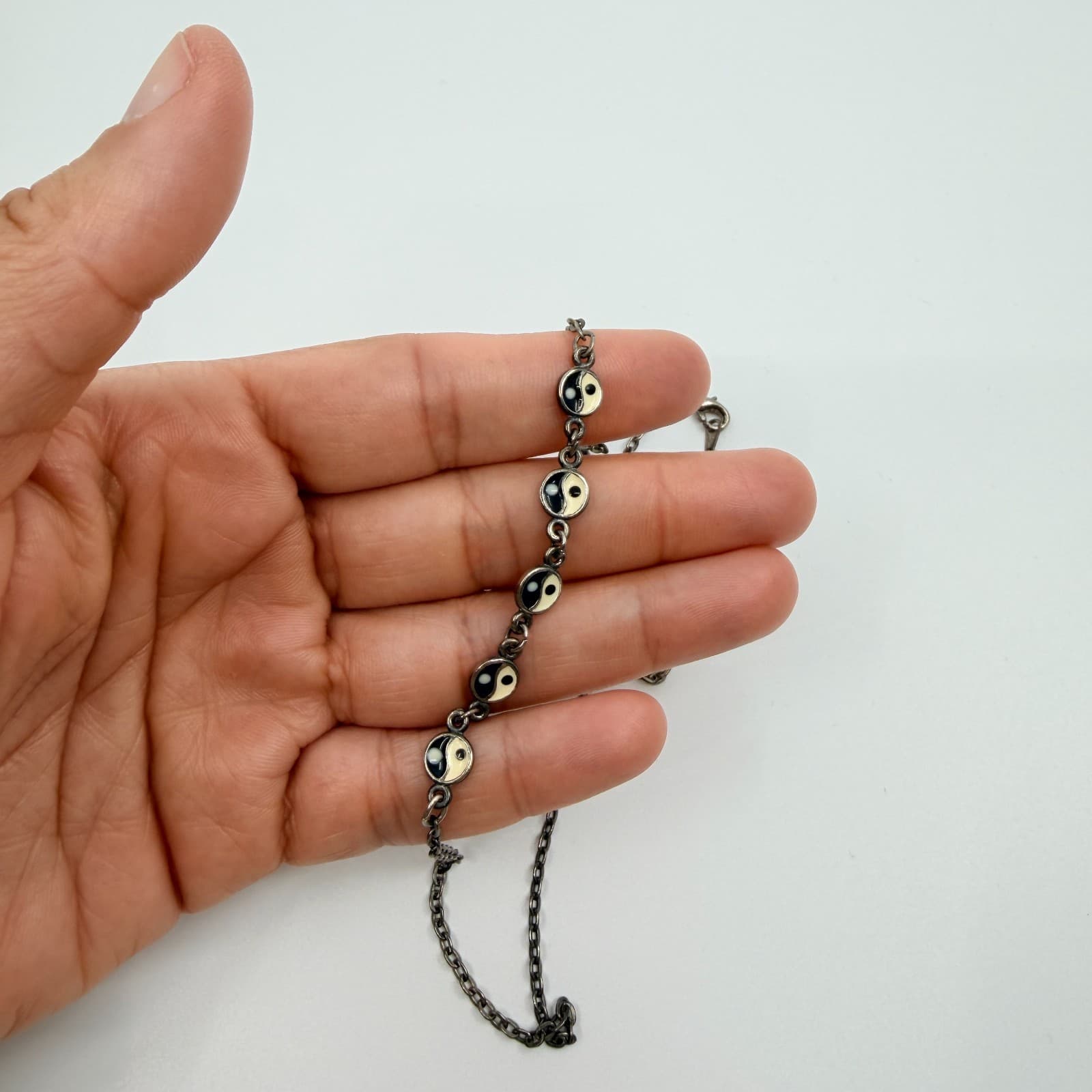 Vintage Silver Tone Yin Yang Link Necklace Enamel Stations Choker Dainty Retro - Thumbnail 7