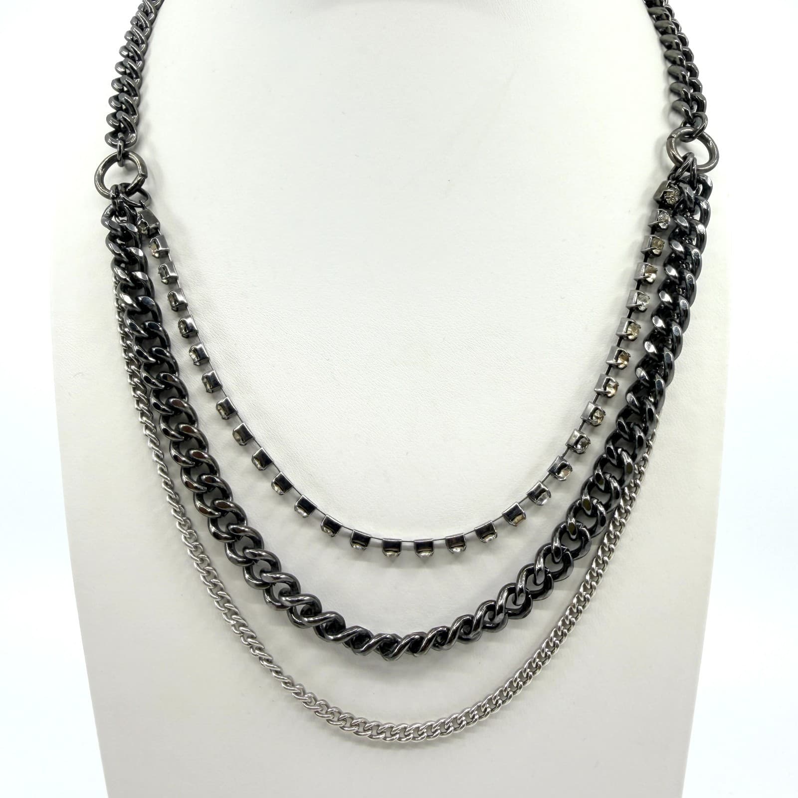 Vintage Gunmetal Tone Layered Necklace Multi Strand Chunky Curb Chain Rhinestone