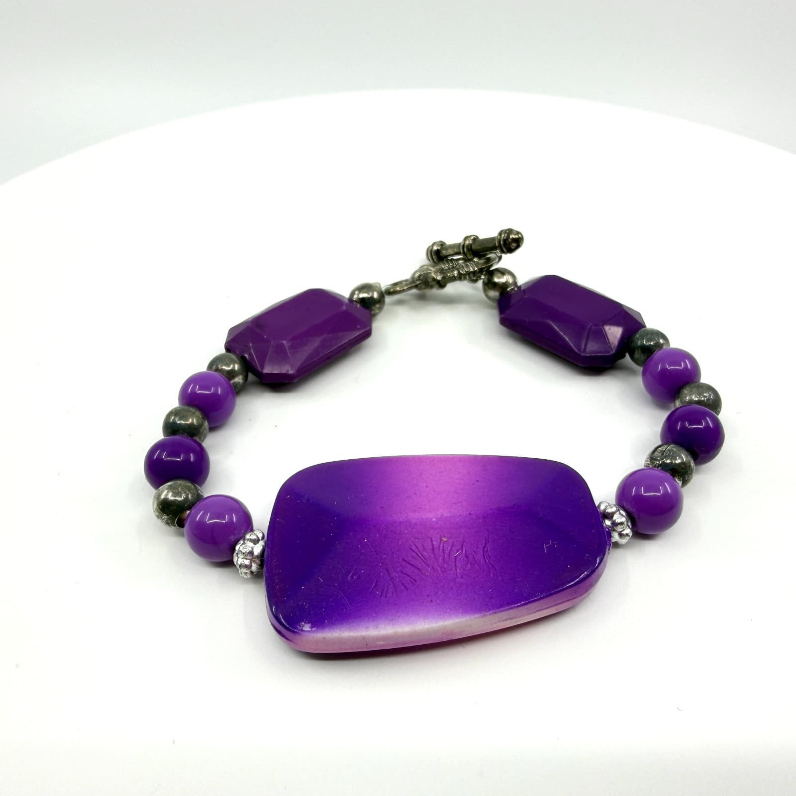 Vintage Silver Tone Purple Beaded Bracelet Chunky Statement Toggle Bold Boho 90s