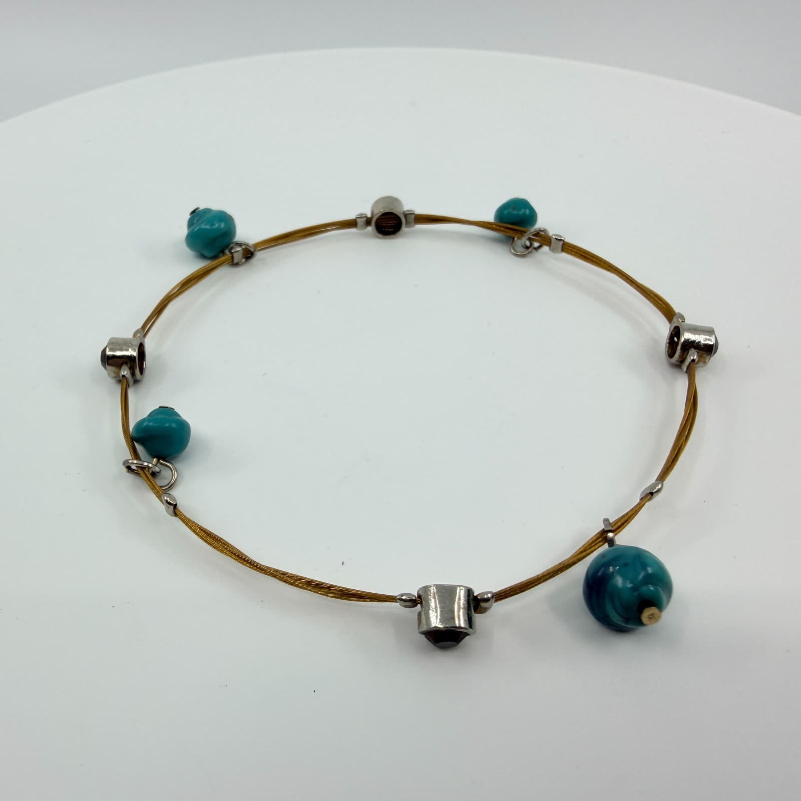 Vintage Silver Tone Turquoise Color Bracelet Beaded Dainty Wire Cord Minimalist - Thumbnail 2