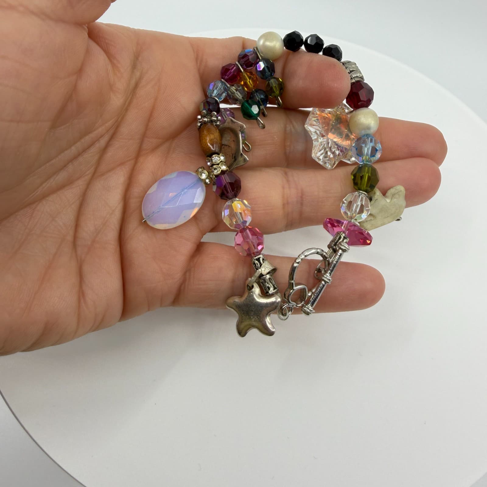 Vintage Silver Tone Chunky Charm Bracelet Beaded Statement Y2K Boho Multi Color - Thumbnail 8