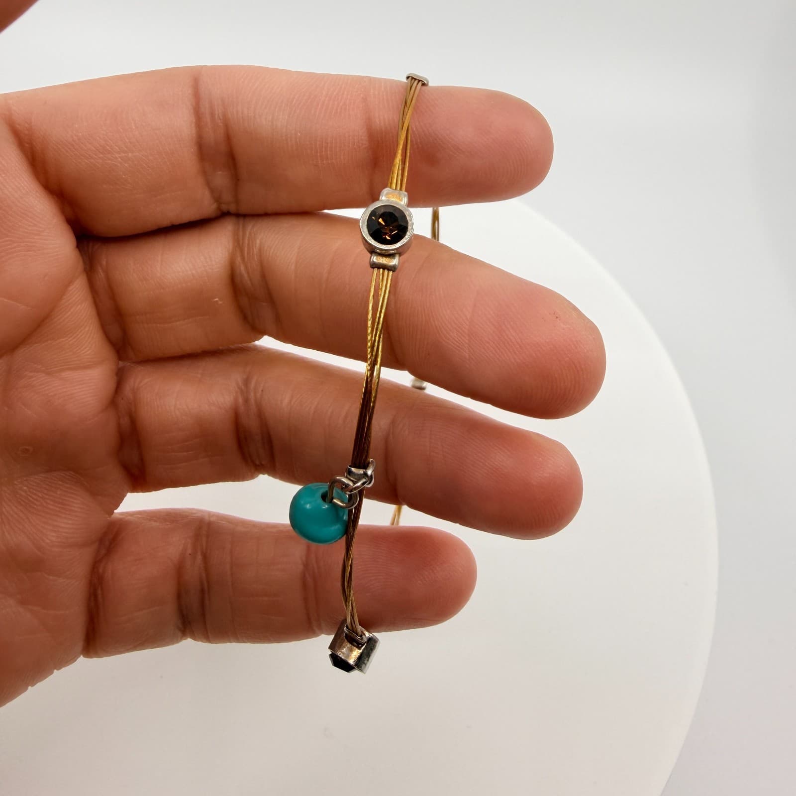 Vintage Silver Tone Turquoise Color Bracelet Beaded Dainty Wire Cord Minimalist - Thumbnail 7