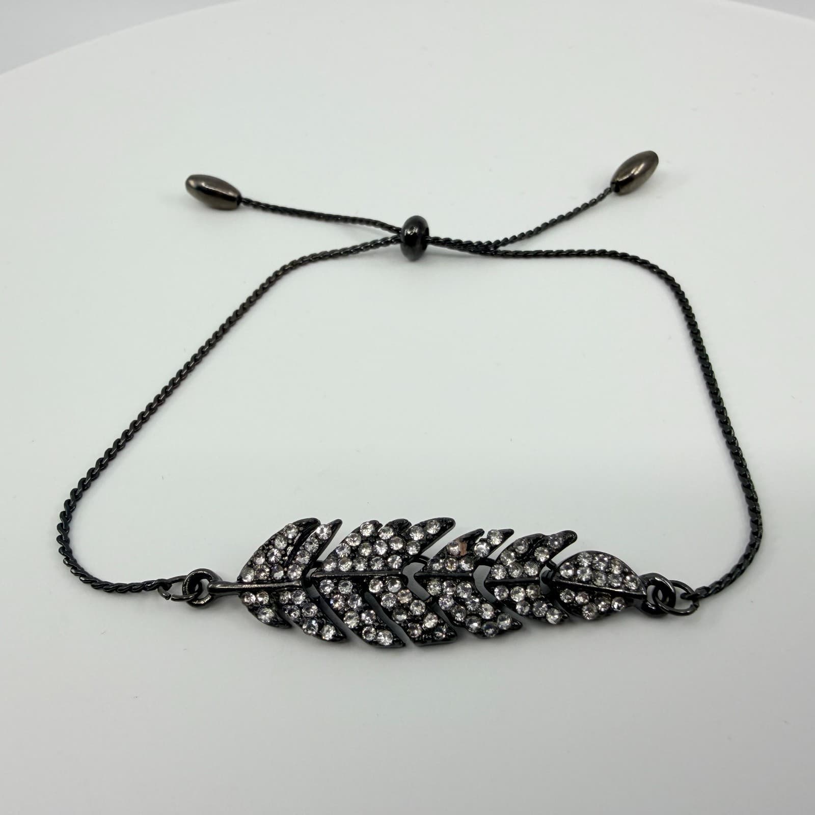Vintage Gunmetal Tone Feather Bracelet Rhinestone Accent Adjustable Slider Bolo - Thumbnail 3