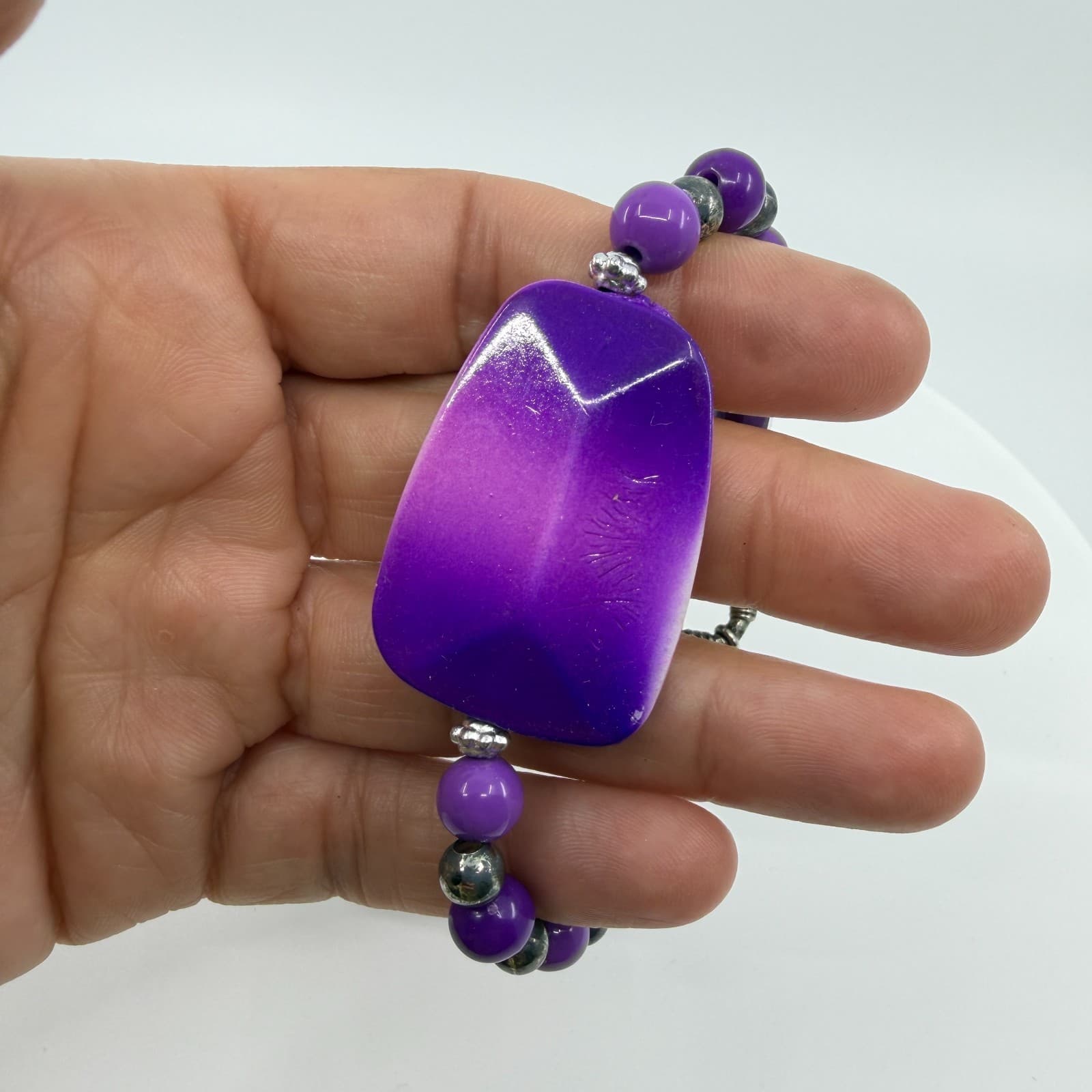 Vintage Silver Tone Purple Beaded Bracelet Chunky Statement Toggle Bold Boho 90s - Thumbnail 7