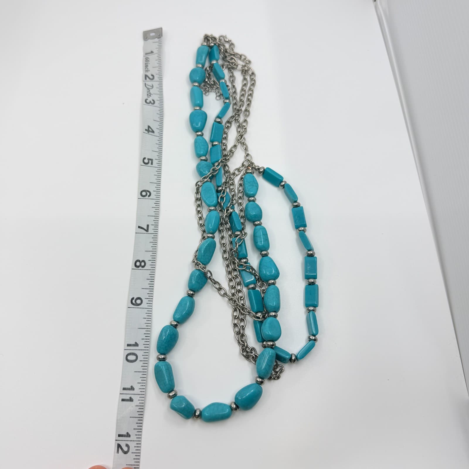 Vintage Silver Tone Turquoise Color Necklace Multi Strand Chunky Layered Chain - Thumbnail 9