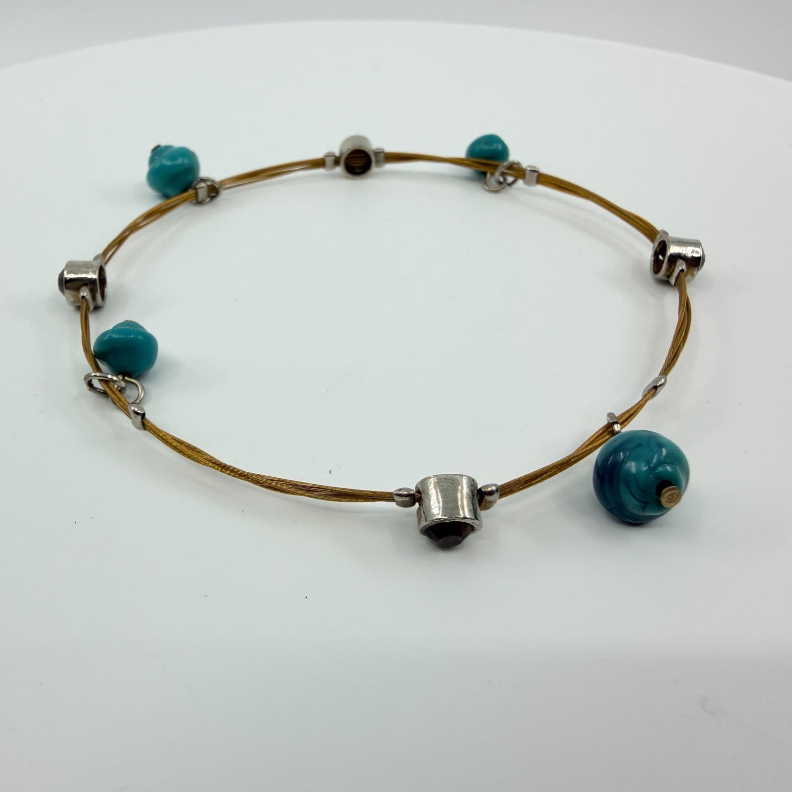 Vintage Silver Tone Turquoise Color Bracelet Beaded Dainty Wire Cord Minimalist - Thumbnail 5