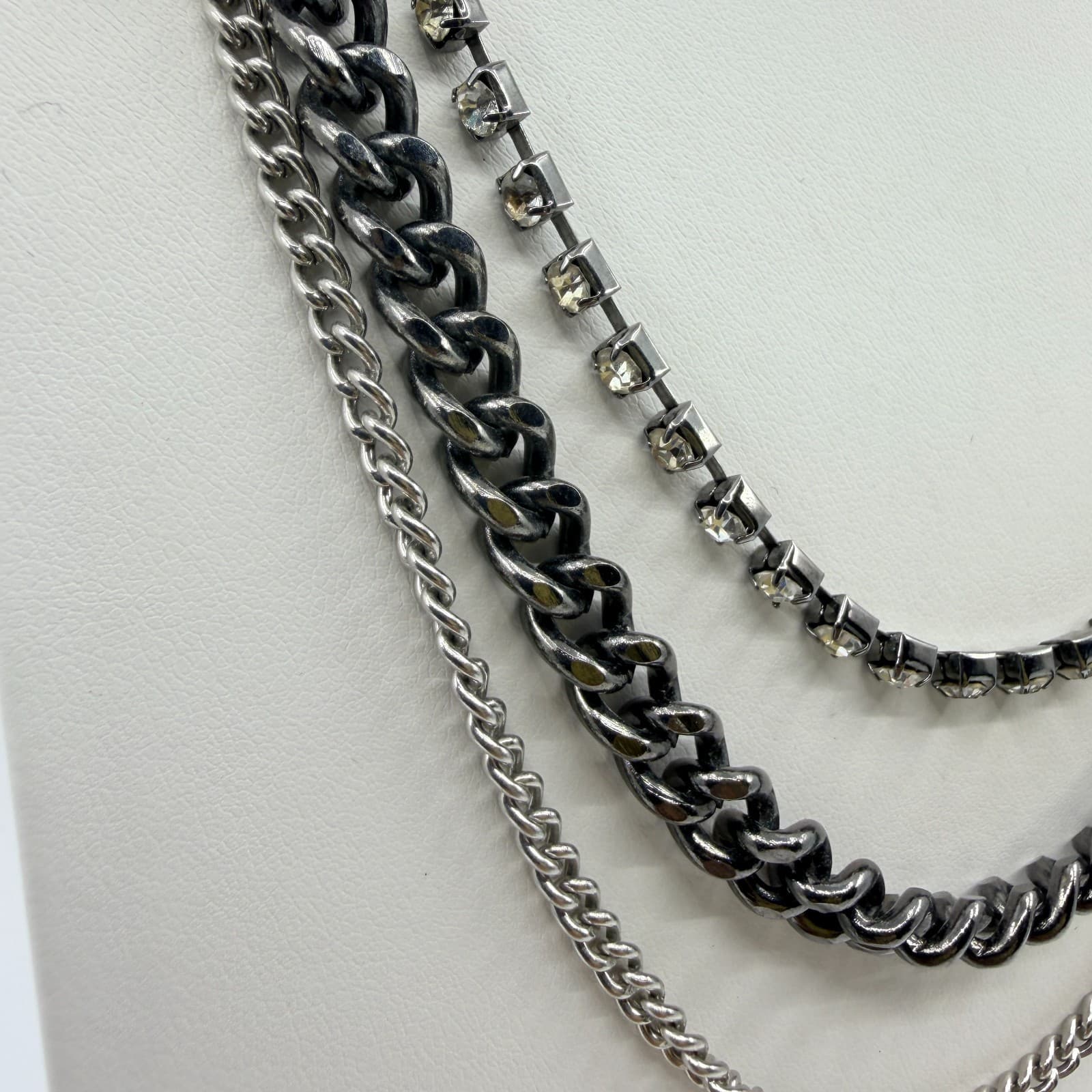 Vintage Gunmetal Tone Layered Necklace Multi Strand Chunky Curb Chain Rhinestone - Thumbnail 4
