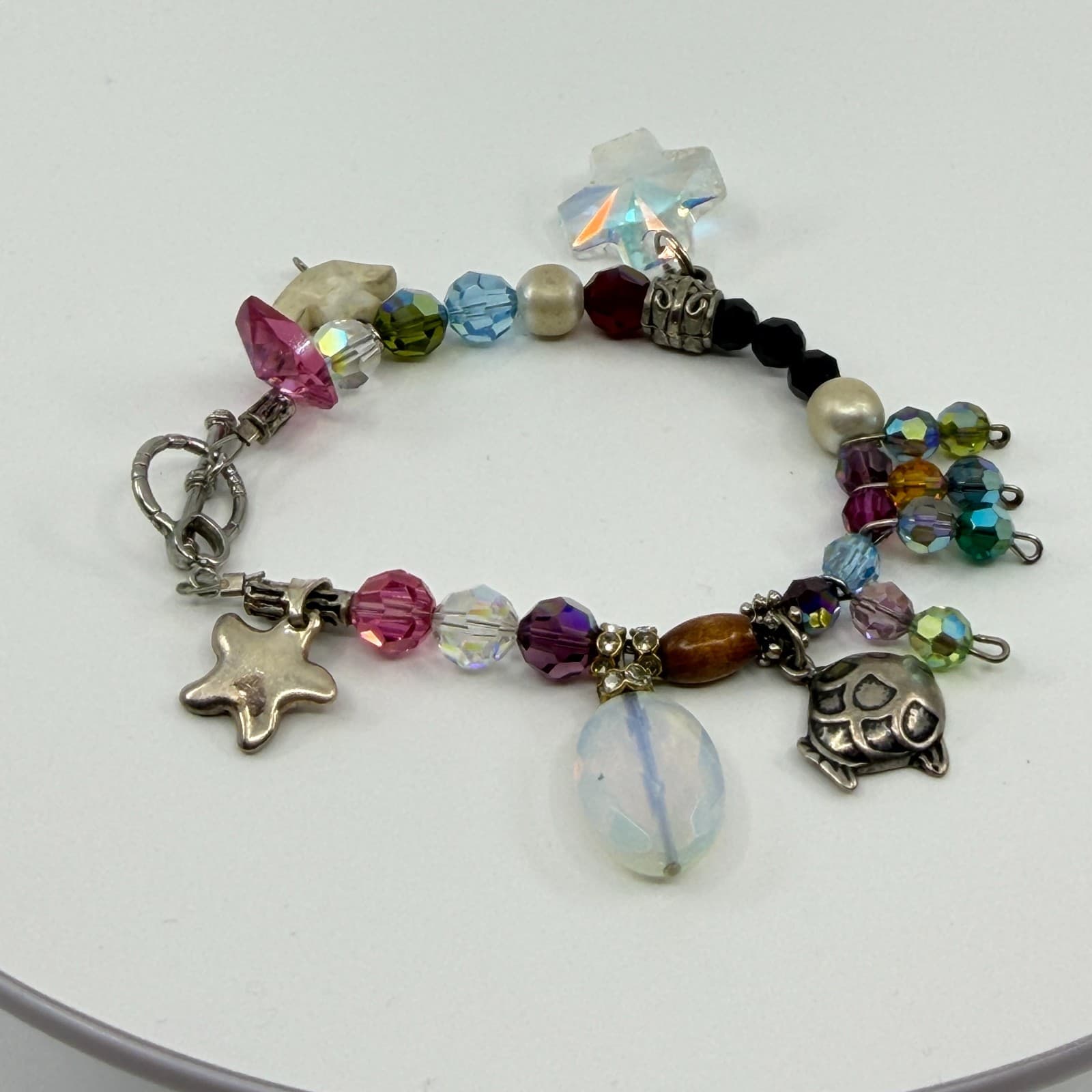 Vintage Silver Tone Chunky Charm Bracelet Beaded Statement Y2K Boho Multi Color - Thumbnail 2