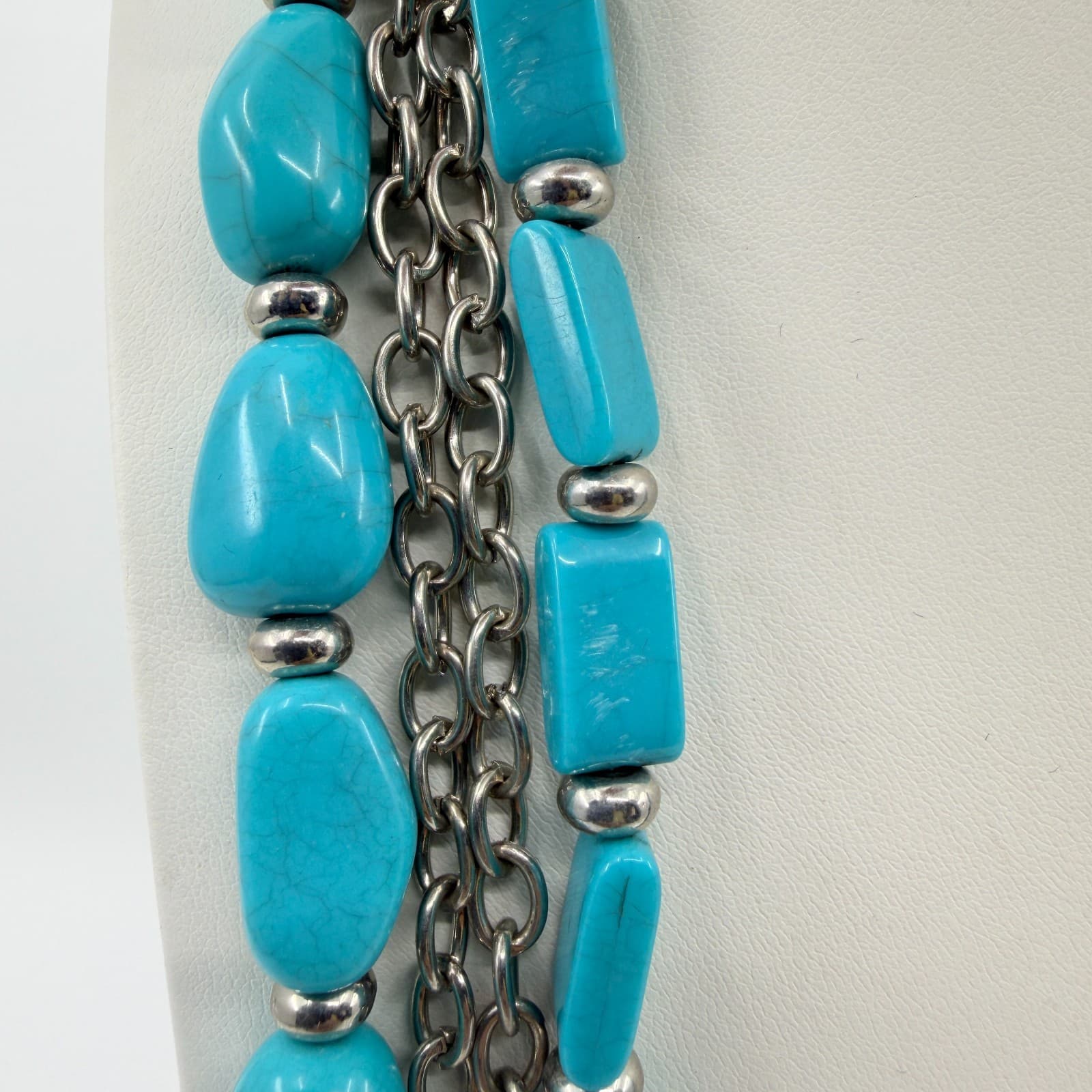 Vintage Silver Tone Turquoise Color Necklace Multi Strand Chunky Layered Chain - Thumbnail 4