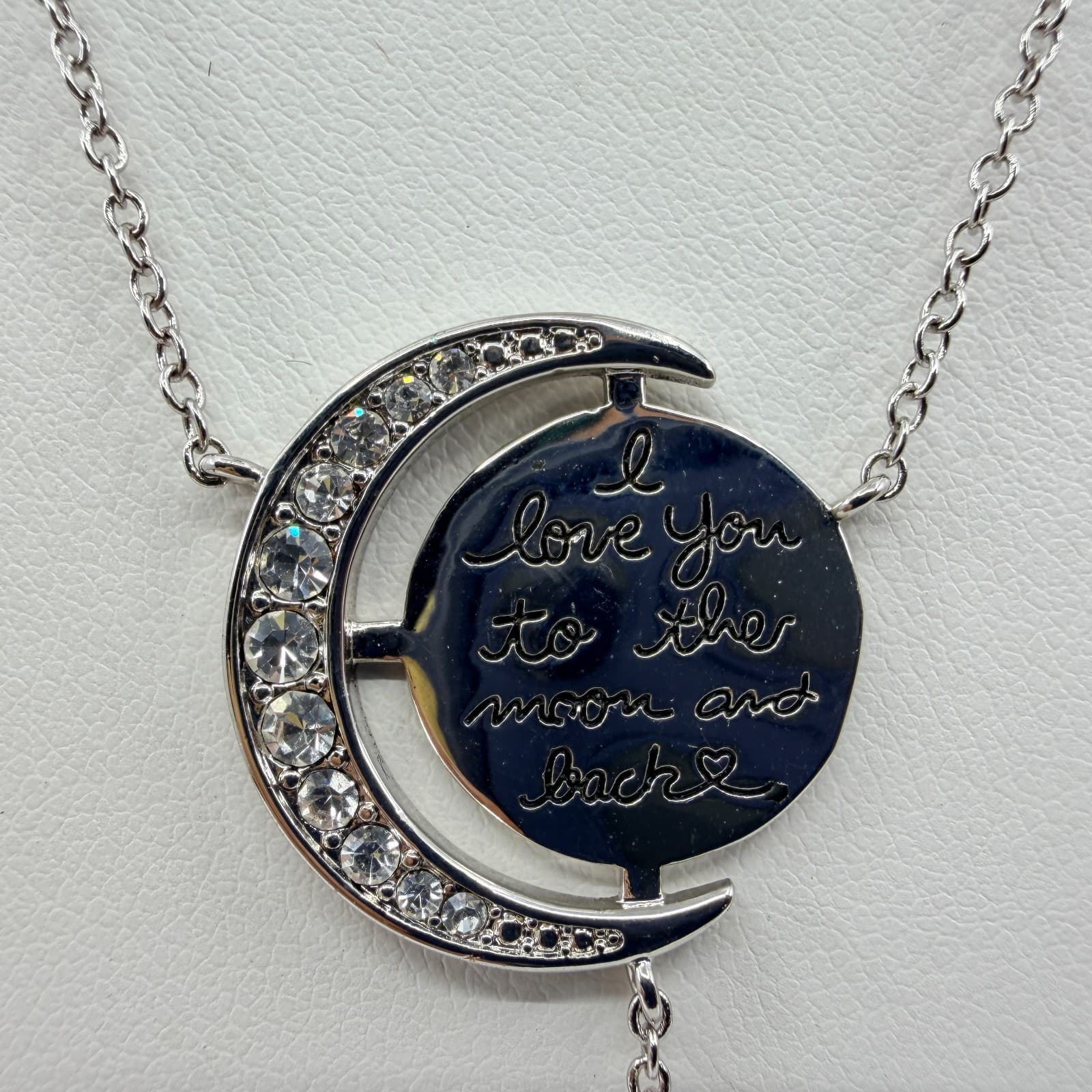 VTG Silver Tone Love You to the Moon Back Lariat Necklace Crystal Pendant Dainty - Thumbnail 2