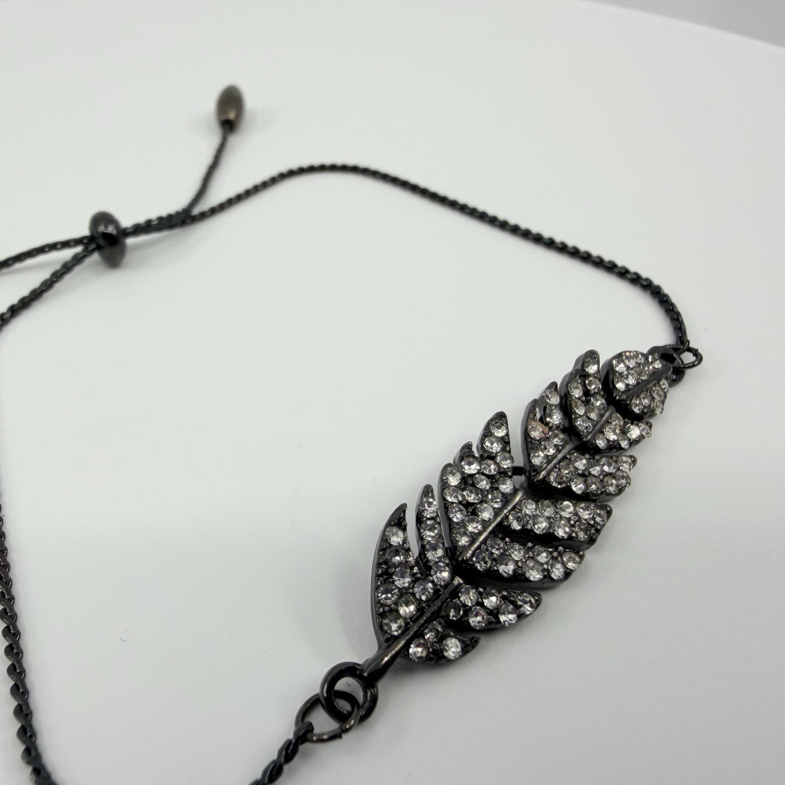 Vintage Gunmetal Tone Feather Bracelet Rhinestone Accent Adjustable Slider Bolo - Thumbnail 7