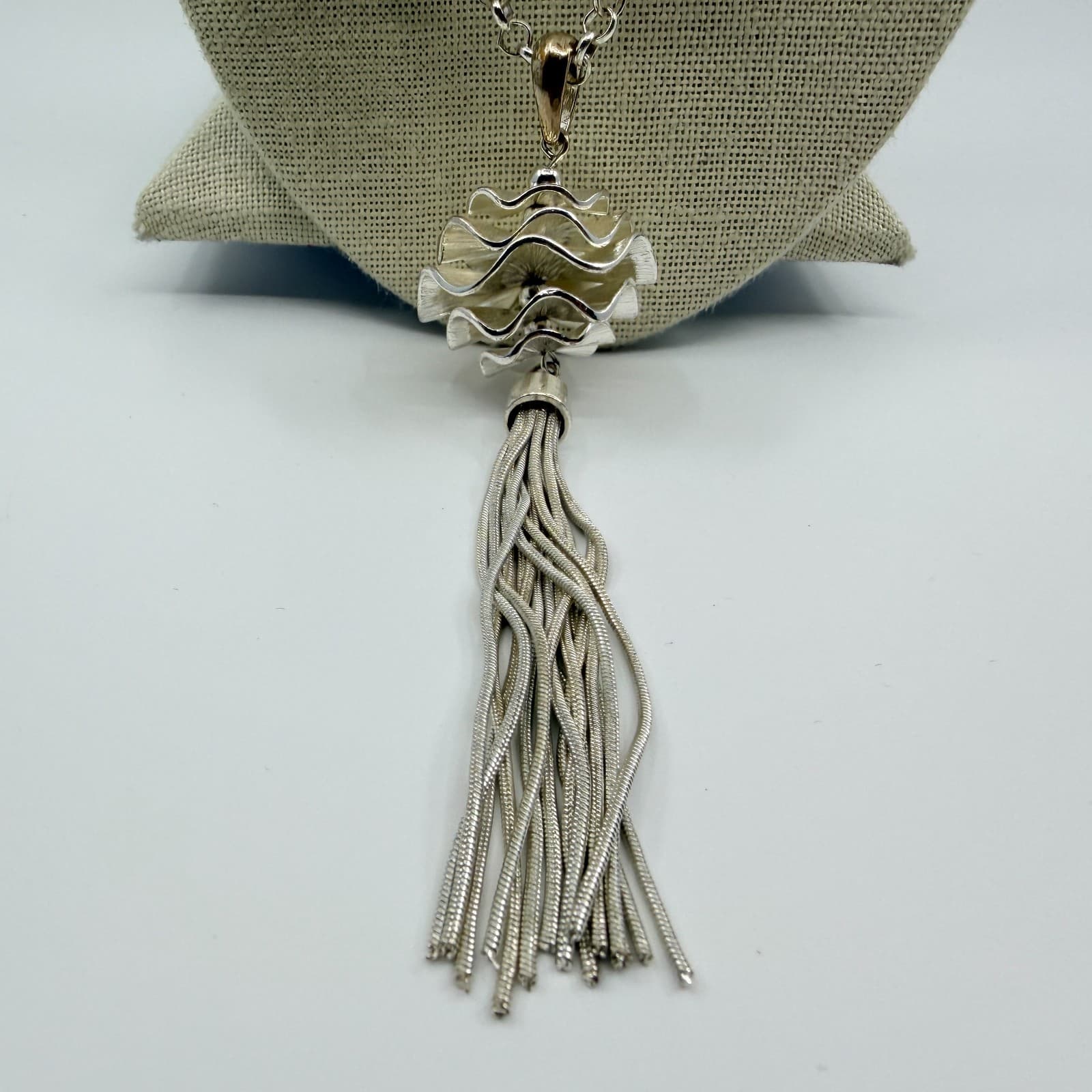 Vintage Silver Tone Long Station Tassel Necklace Ruffled Metal Orb Statement 90s - Thumbnail 3