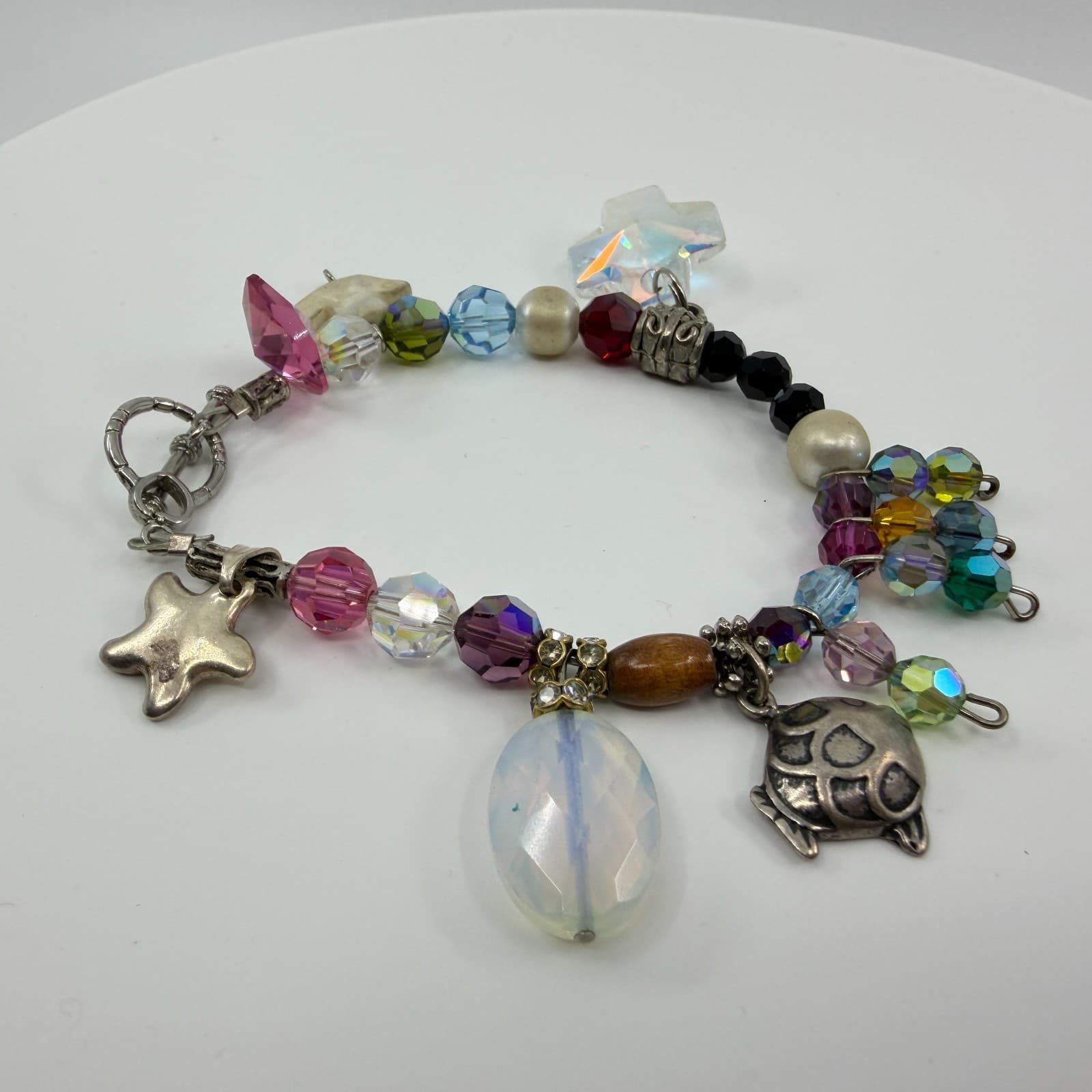 Vintage Silver Tone Chunky Charm Bracelet Beaded Statement Y2K Boho Multi Color - Thumbnail 6