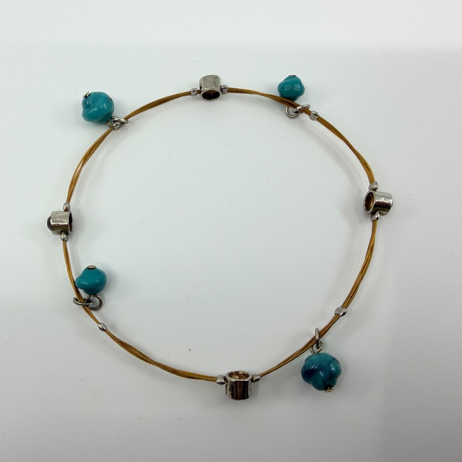 Vintage Silver Tone Turquoise Color Bracelet Beaded Dainty Wire Cord Minimalist - Thumbnail 6